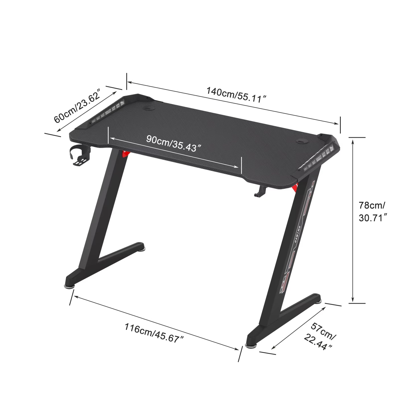 Z-Shaped Computer Gaming Desk W/ RGB LED Lights Home Office Table X-Large 140Cm