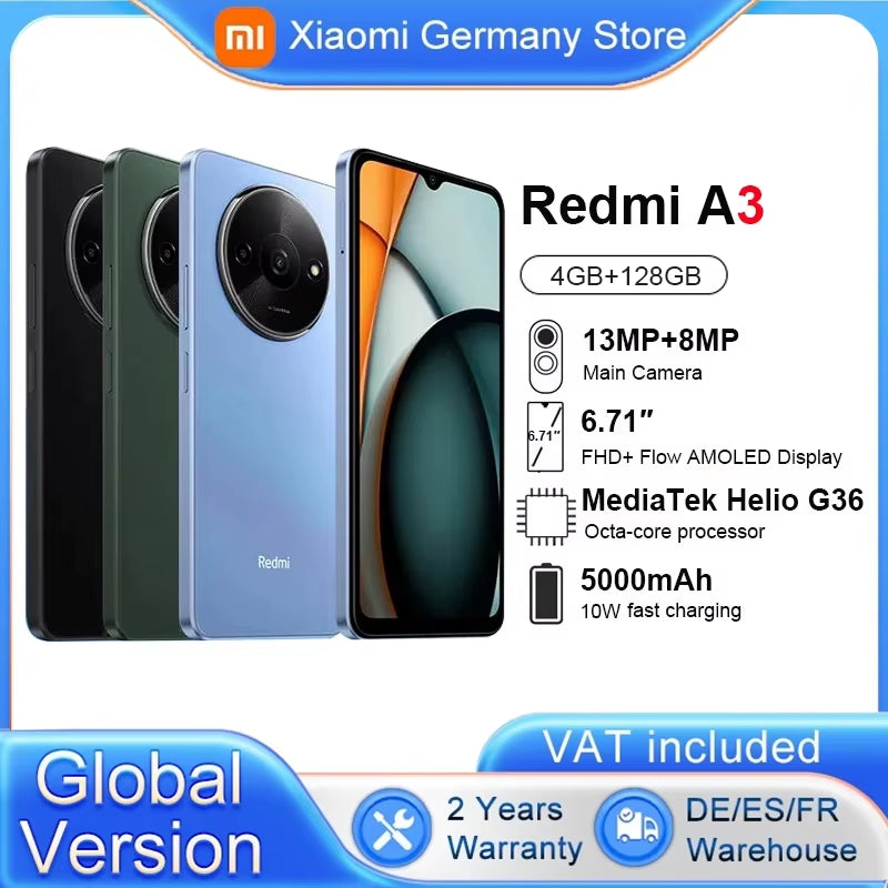 Global Version Redmi A3 Smartphone Mediatek Helio G36 Hd Screen 6.71 Inch Dual Camera 5000Mah Battery 10W Fast Charge