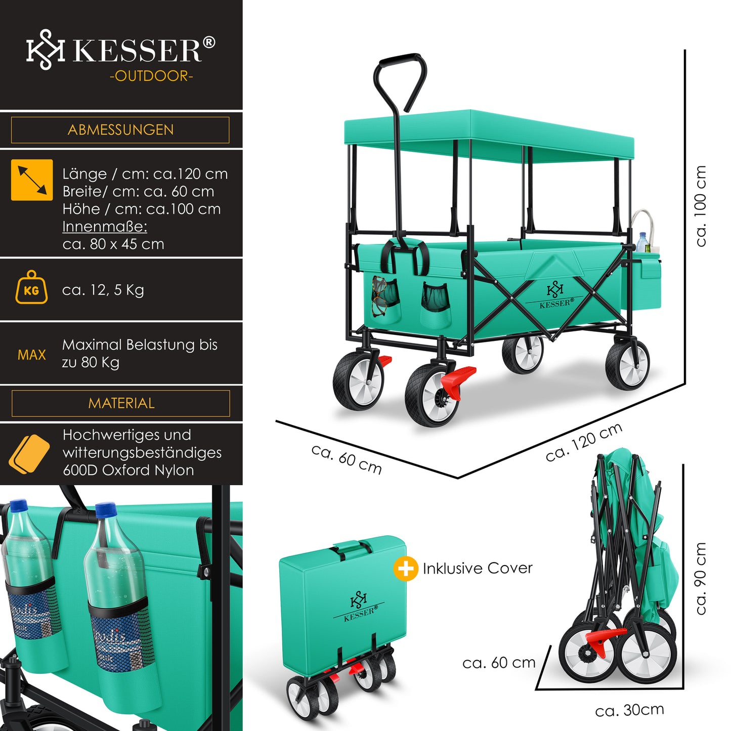 KESSER® Bollerwagen Faltbar Dach Handwagen Klappbar Transportkarre Gerätewagen