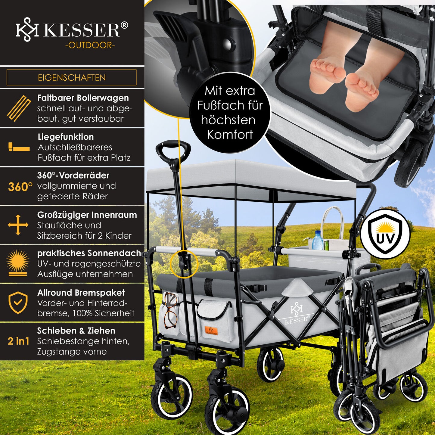 KESSER® Bollerwagen GTS-9100 Faltbar Dach Handwagen Klappbar Strandwagen Gurt
