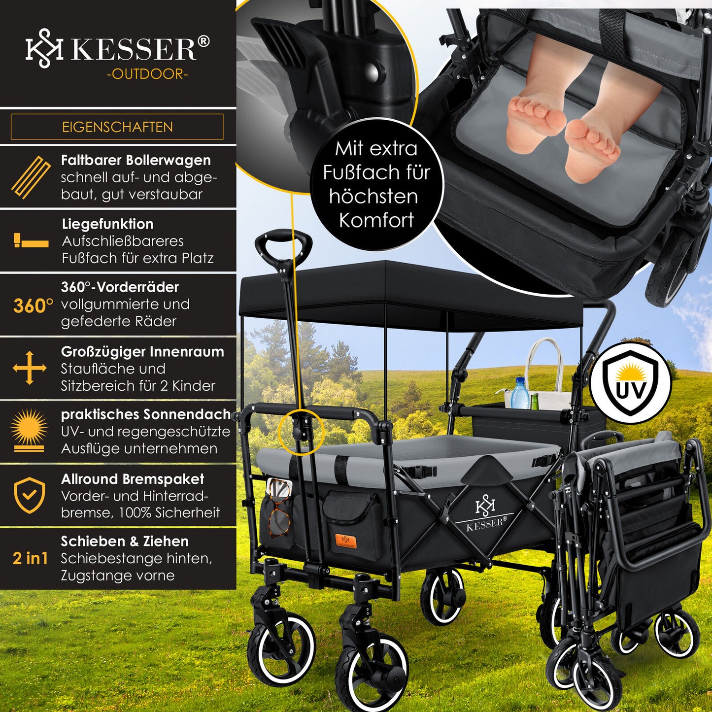 KESSER® Bollerwagen GTS-9100 Faltbar Dach Handwagen Klappbar Strandwagen Gurt