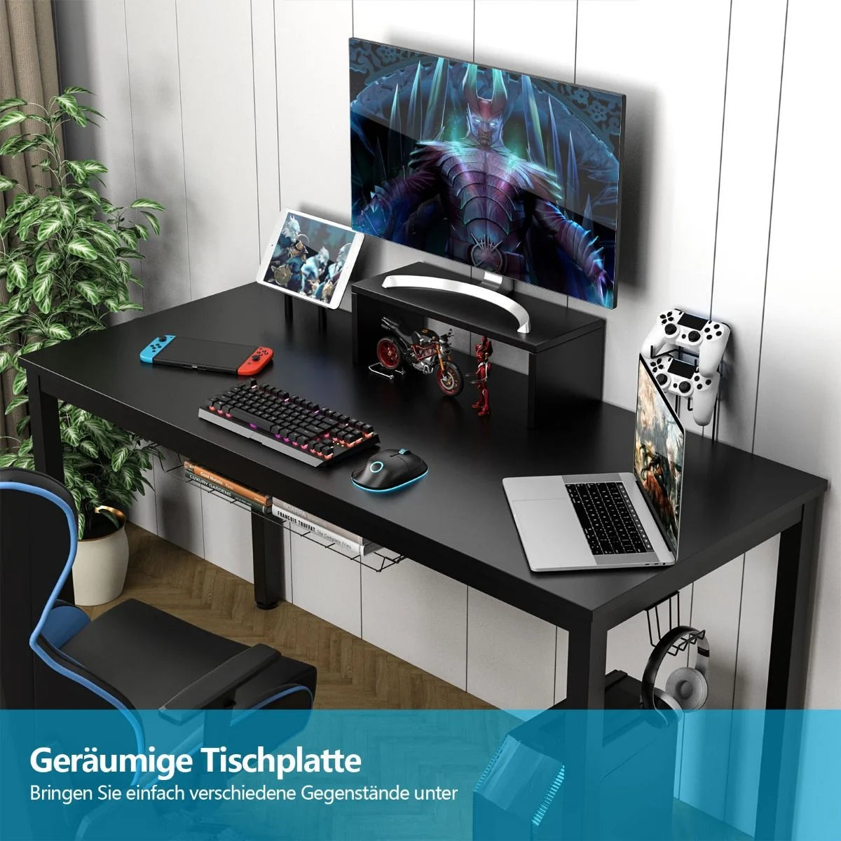 140Cm Schreibtisch Mit Monitorablage Computertisch Gaming Tisch Mit Getränkehalter Kopfhörerhaken Schwarz