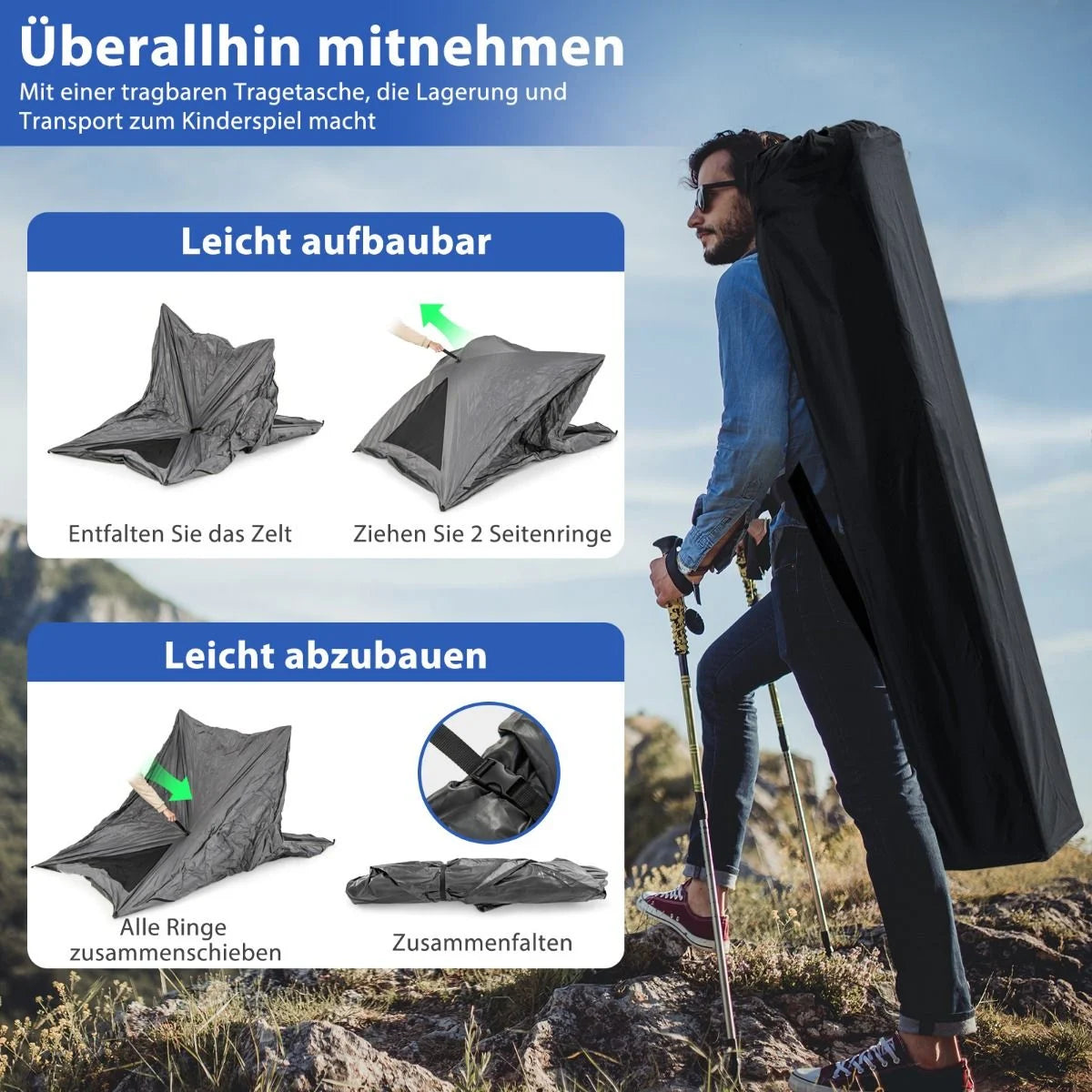 Pop up Zelt Für 2-3 Personen 360° Einseitig Durchsichtiges Familienzelt 225 X 145 X 161 Cm Grau