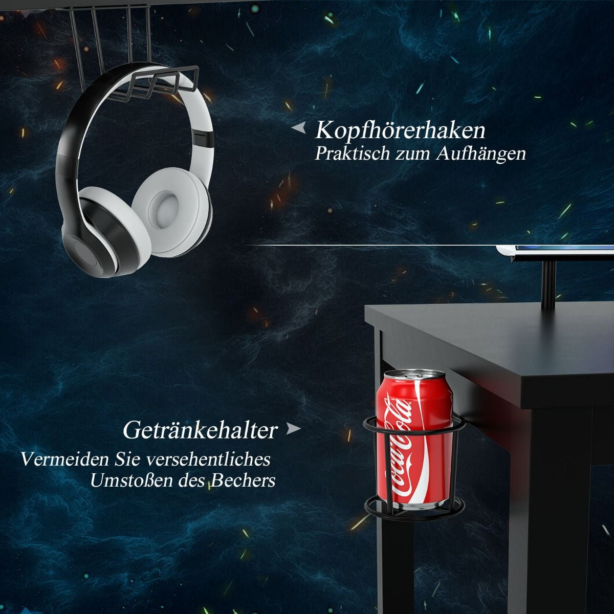140Cm Schreibtisch Mit Monitorablage Computertisch Gaming Tisch Mit Getränkehalter Kopfhörerhaken Schwarz