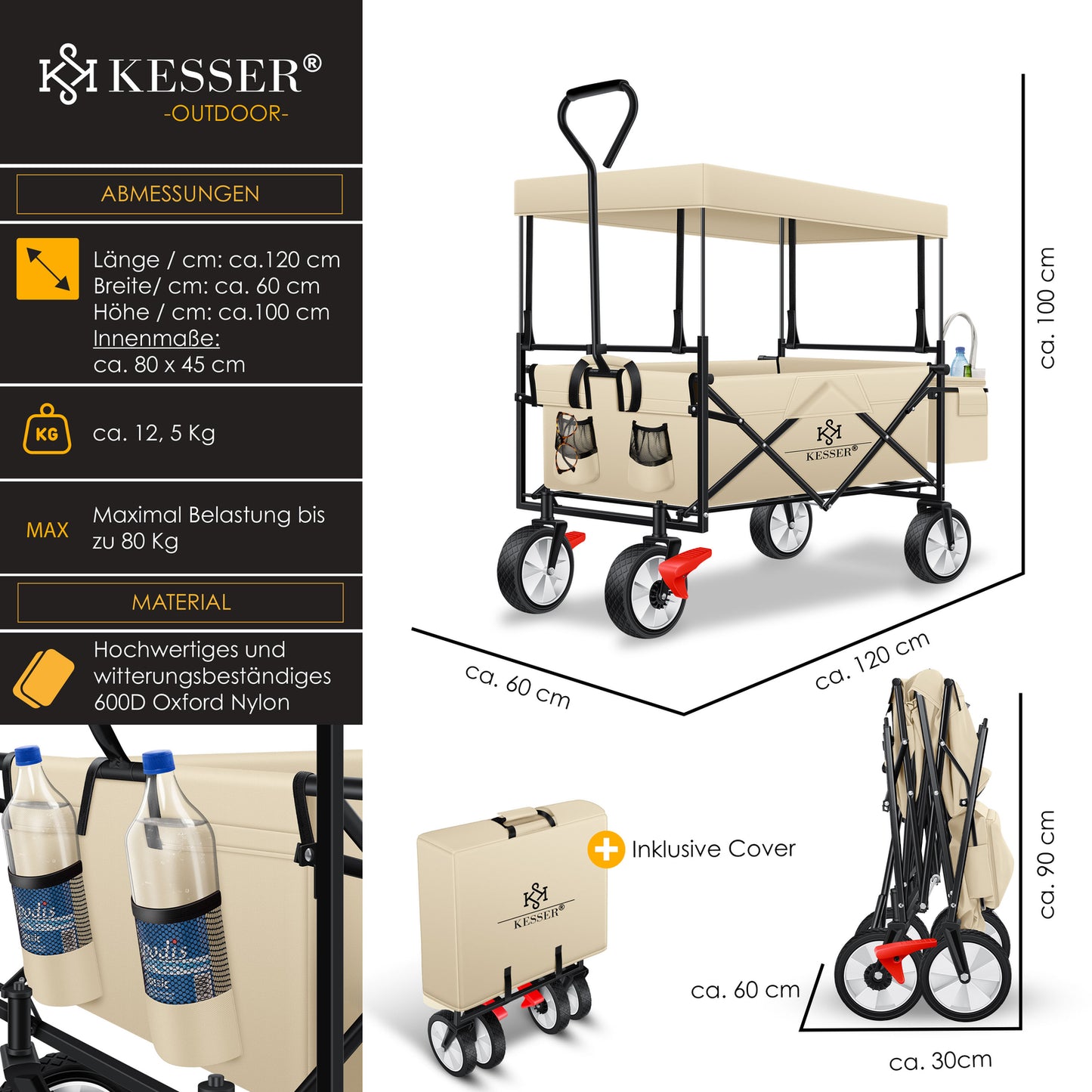 KESSER® Bollerwagen Faltbar Dach Handwagen Klappbar Transportkarre Gerätewagen
