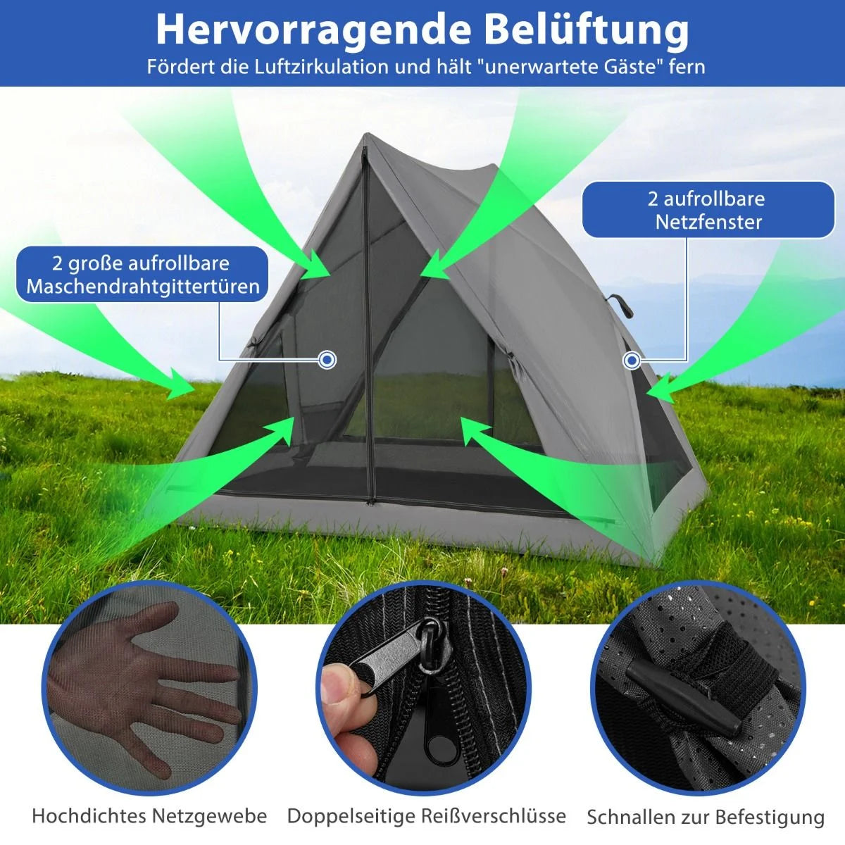 Pop up Zelt Für 2-3 Personen 360° Einseitig Durchsichtiges Familienzelt 225 X 145 X 161 Cm Grau