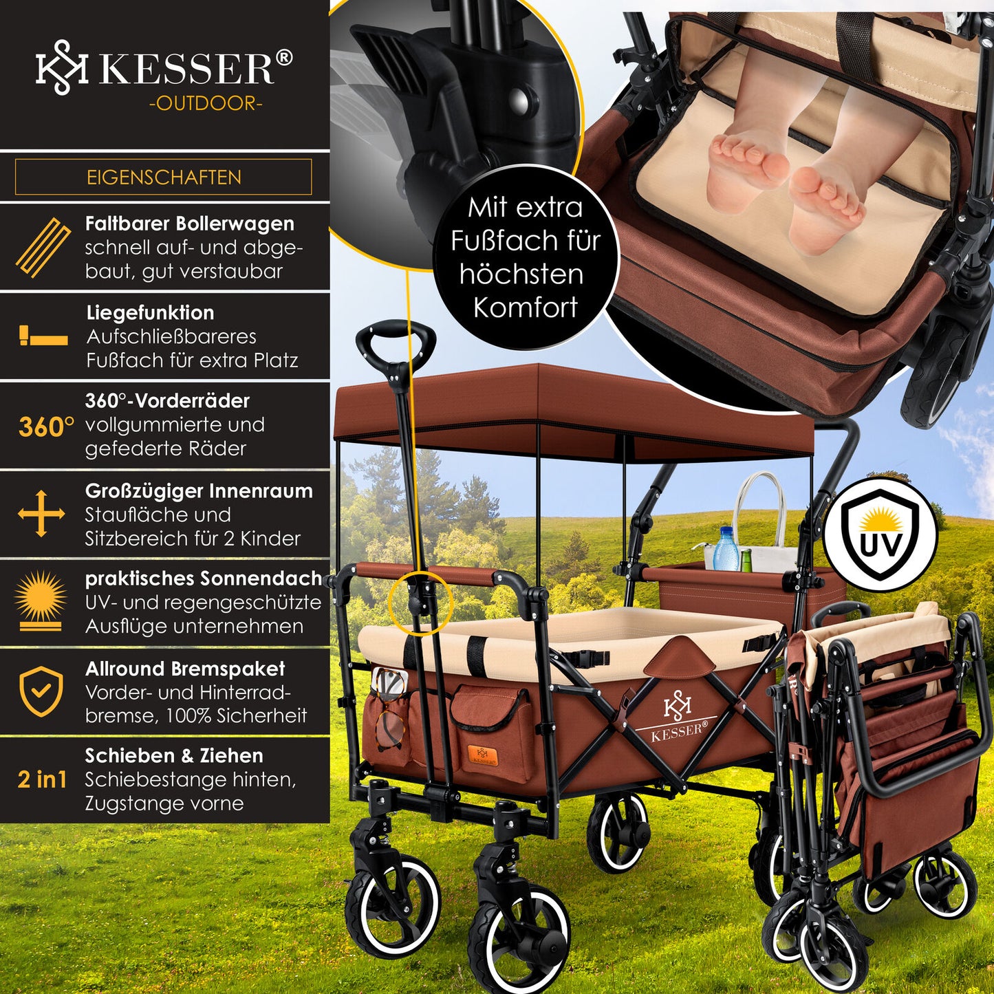 KESSER® Bollerwagen GTS-9100 Faltbar Dach Handwagen Klappbar Strandwagen Gurt