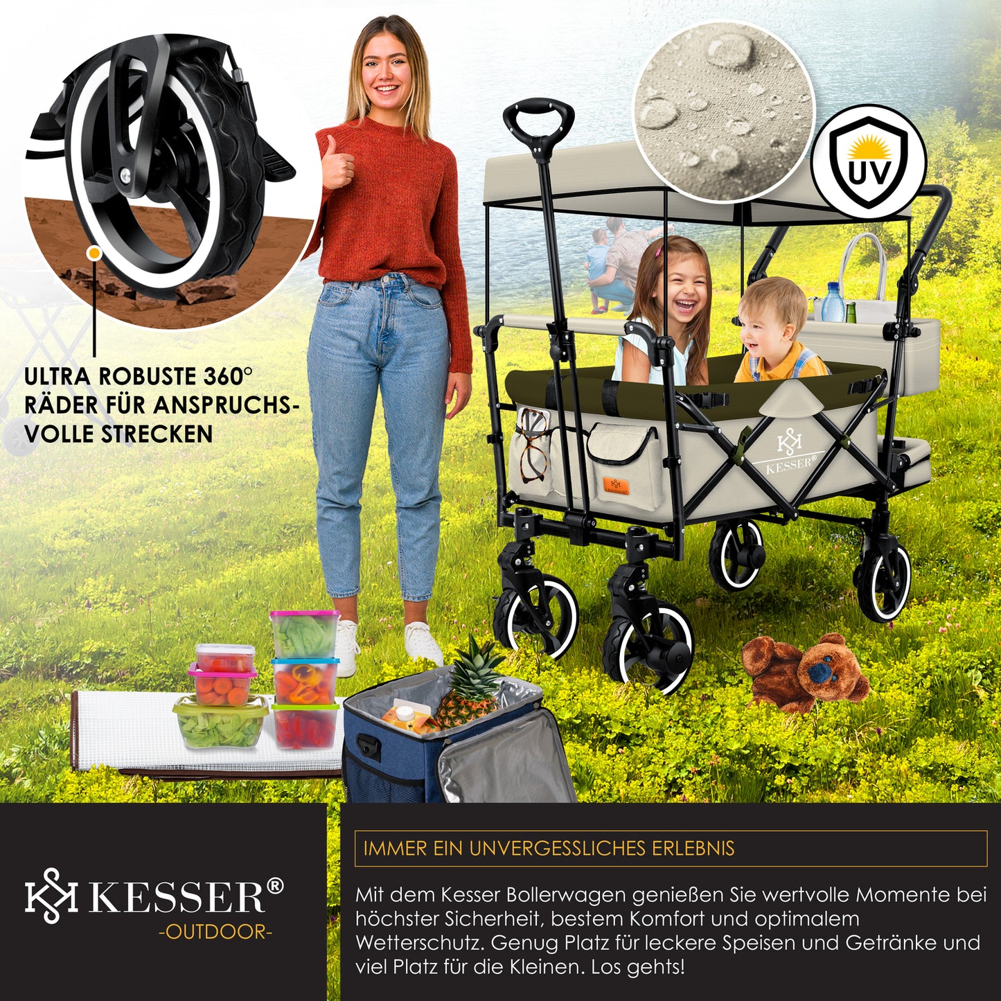 KESSER® Bollerwagen GTS-9100 Faltbar Dach Handwagen Klappbar Strandwagen Gurt