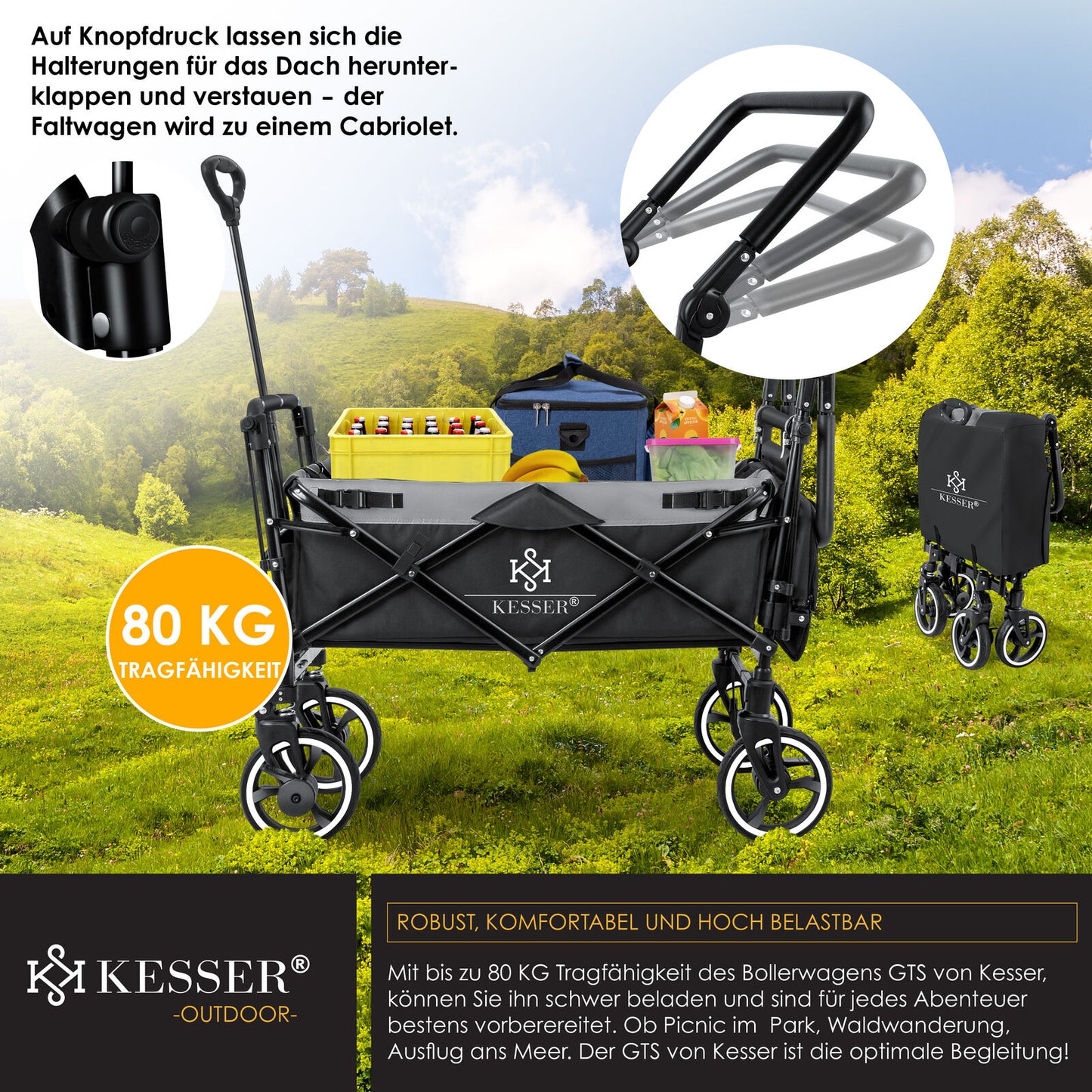 KESSER® Bollerwagen GTS-9100 Faltbar Dach Handwagen Klappbar Strandwagen Gurt