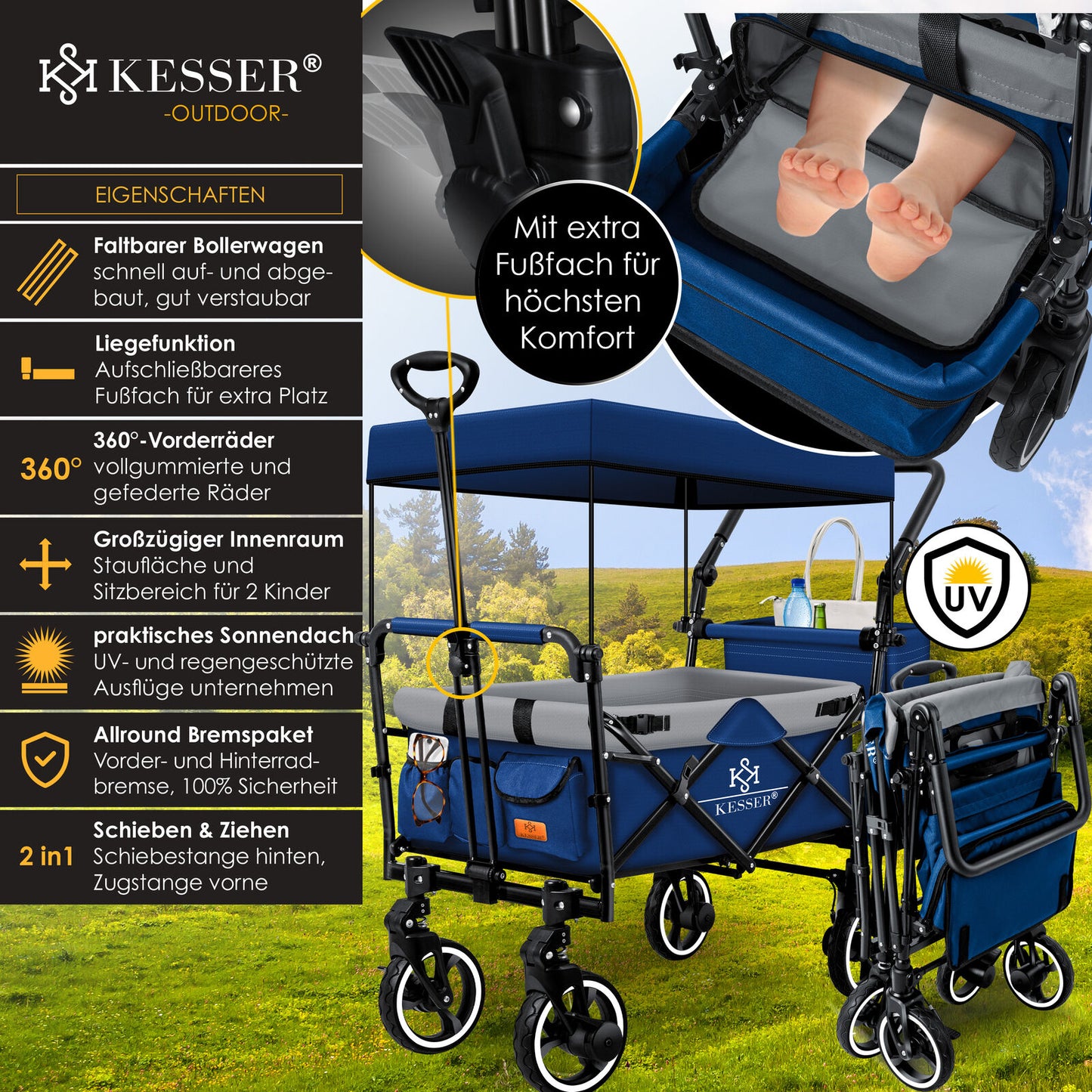 KESSER® Bollerwagen GTS-9100 Faltbar Dach Handwagen Klappbar Strandwagen Gurt
