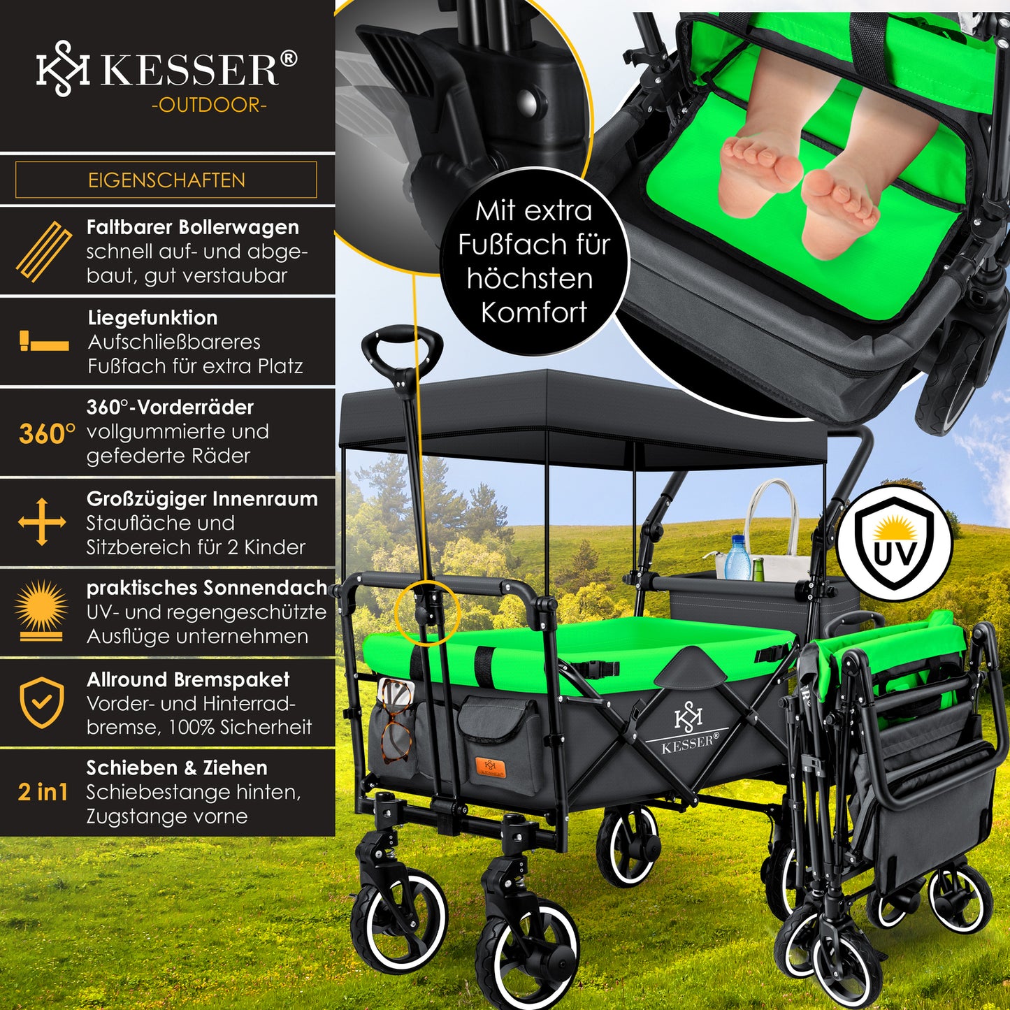 KESSER® Bollerwagen GTS-9100 Faltbar Dach Handwagen Klappbar Strandwagen Gurt
