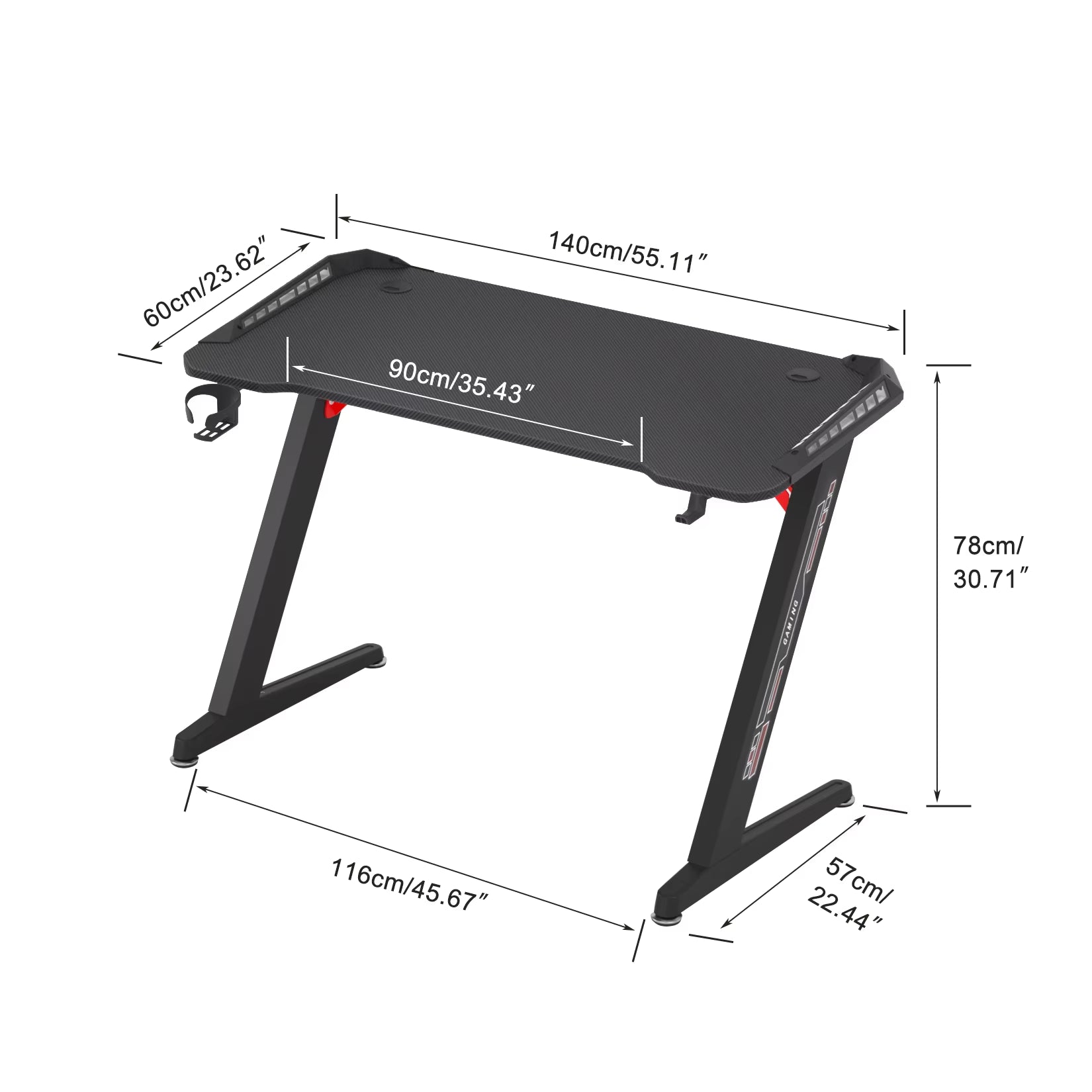 Z-Shaped Computer Gaming Desk W/ RGB LED Lights Home Office Table X-Large 140Cm