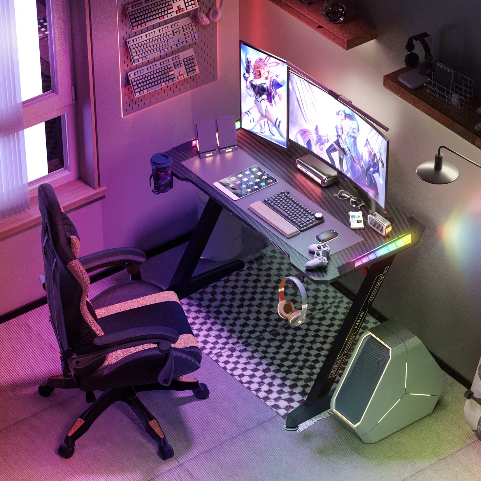 Z-Shaped Computer Gaming Desk W/ RGB LED Lights Home Office Table X-Large 140Cm