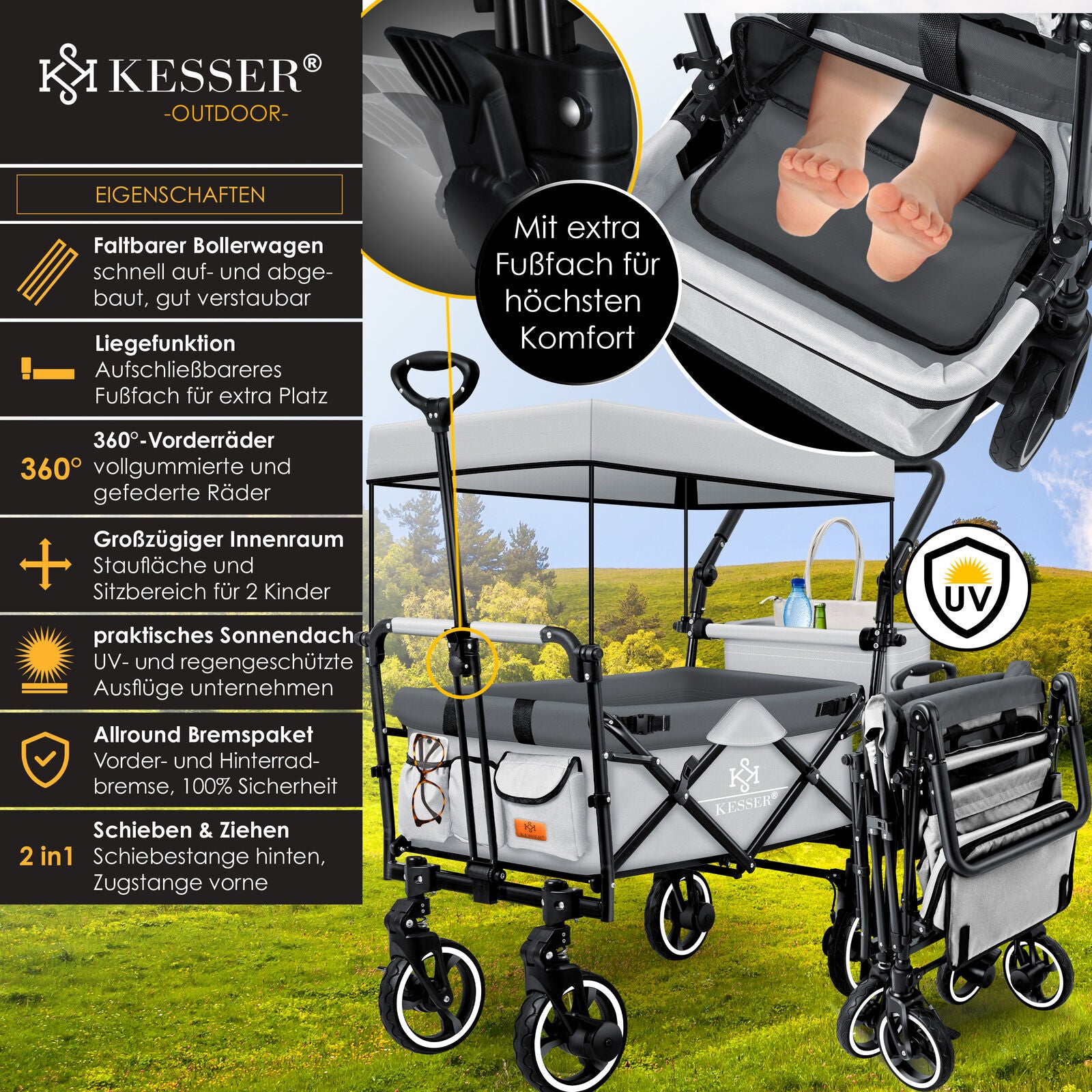 KESSER® Bollerwagen GTS-9100 Faltbar Dach Handwagen Klappbar Strandwagen Gurt