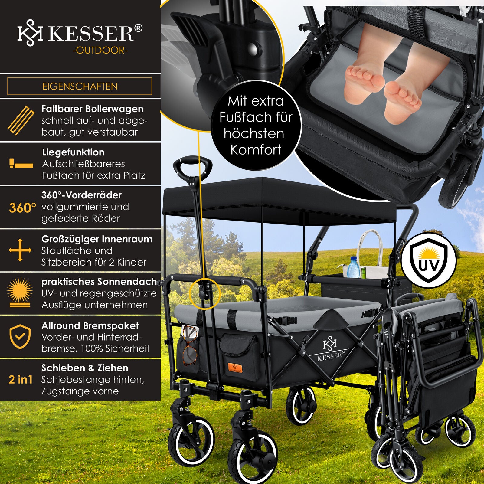 KESSER® Bollerwagen GTS-9100 Faltbar Dach Handwagen Klappbar Strandwagen Gurt
