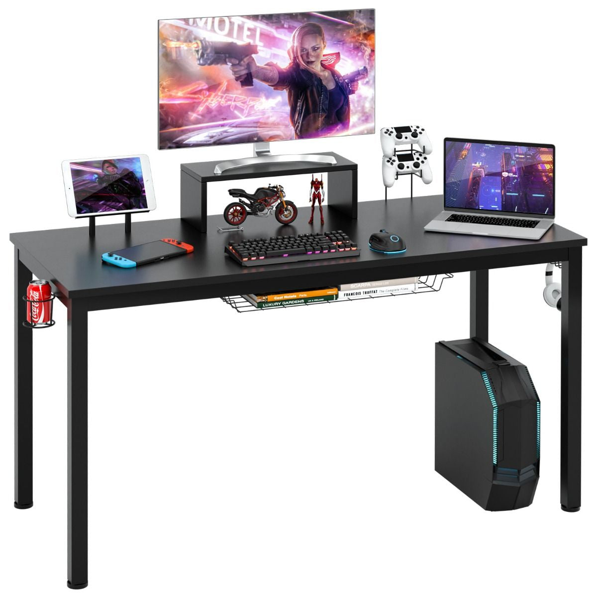 140Cm Schreibtisch Mit Monitorablage Computertisch Gaming Tisch Mit Getränkehalter Kopfhörerhaken Schwarz