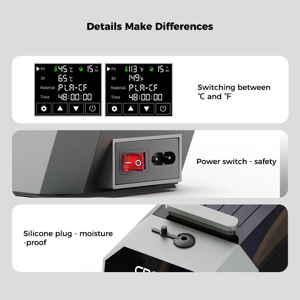 Space Π Filament Dryer Box 360° Hot-Air Heating 1.75Mm and 2.85Mm Filaments Support 48 Hours Timer Real-Time Humidity