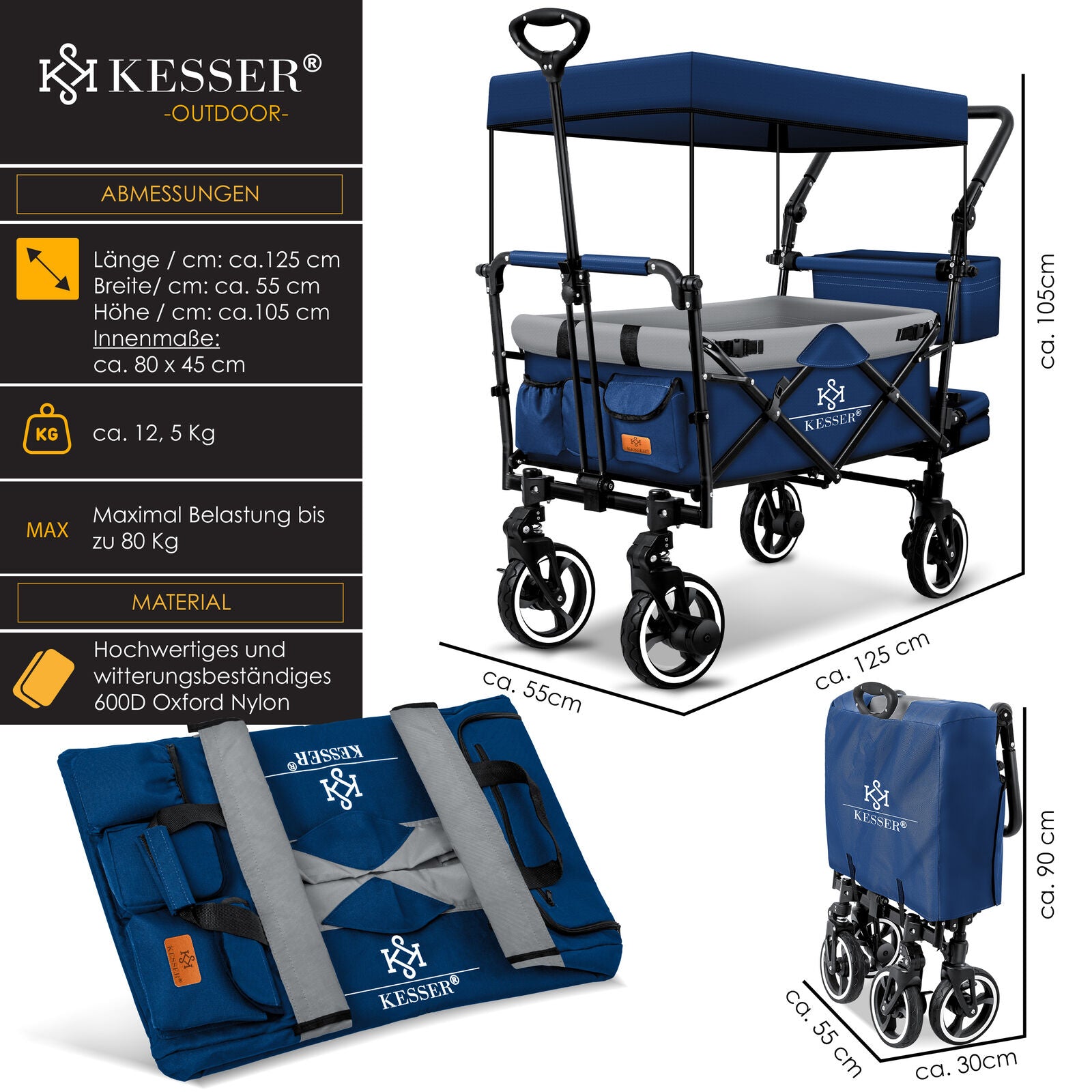 KESSER® Bollerwagen GTS-9100 Faltbar Dach Handwagen Klappbar Strandwagen Gurt