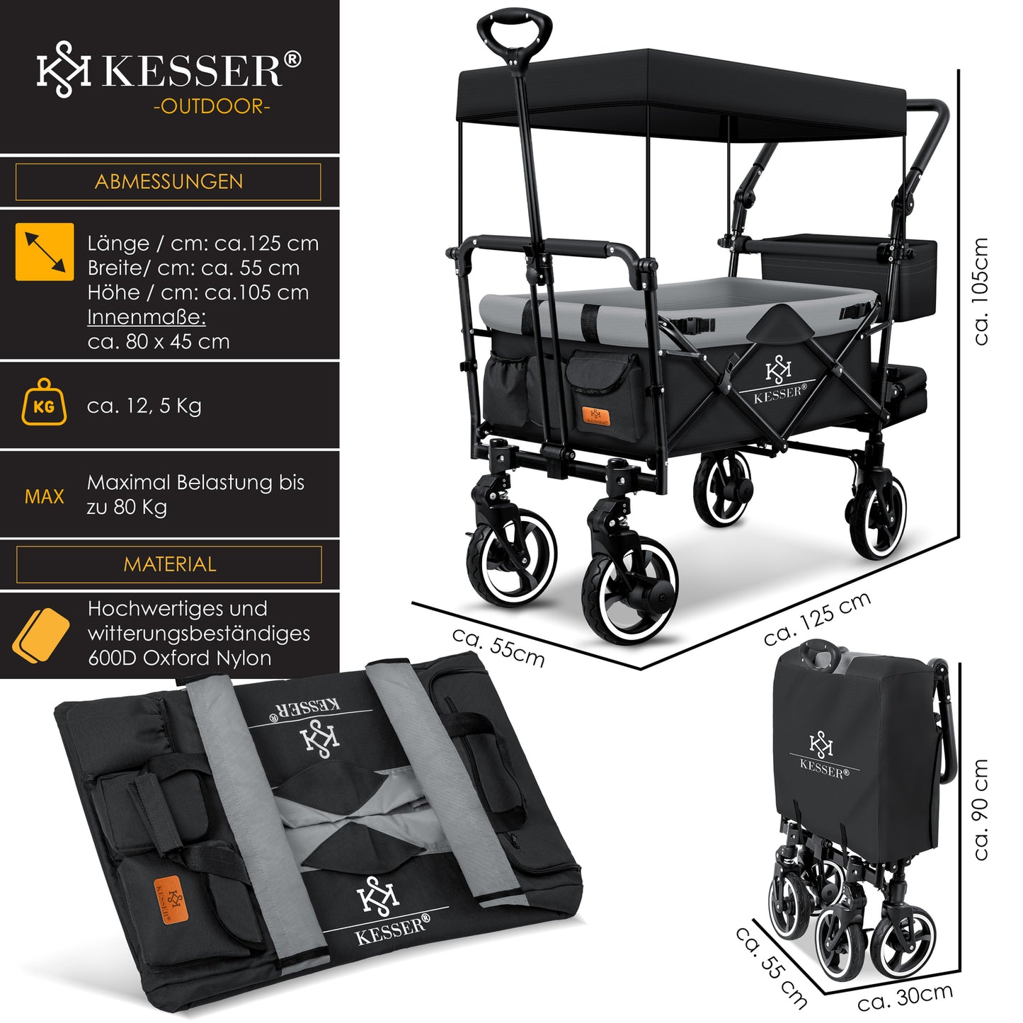 KESSER® Bollerwagen GTS-9100 Faltbar Dach Handwagen Klappbar Strandwagen Gurt