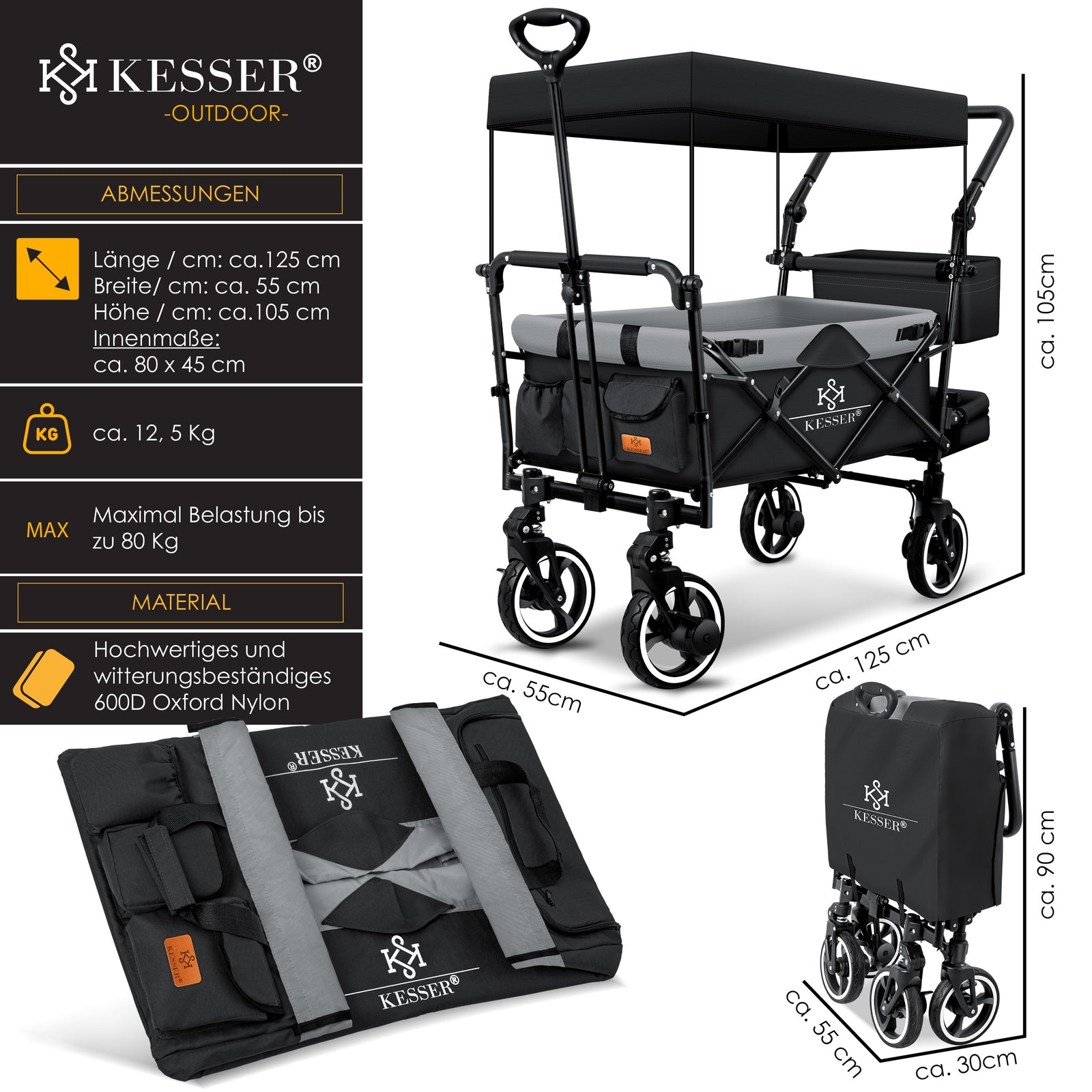KESSER® Bollerwagen GTS-9100 Faltbar Dach Handwagen Klappbar Strandwagen Gurt