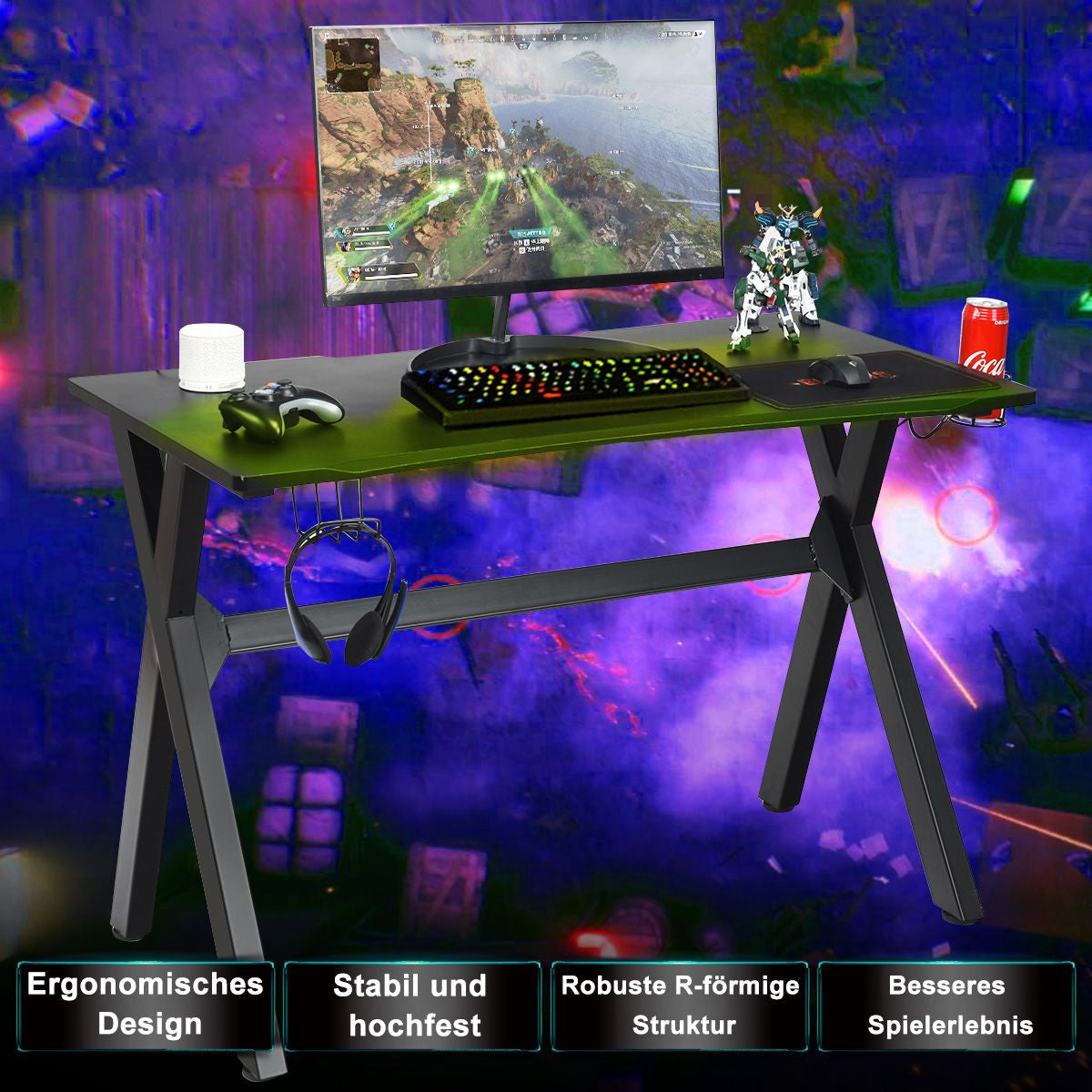Gaming-Schreibtisch Mit Getränkehalter Kopfhörerhaken & Mauspad Schwarz