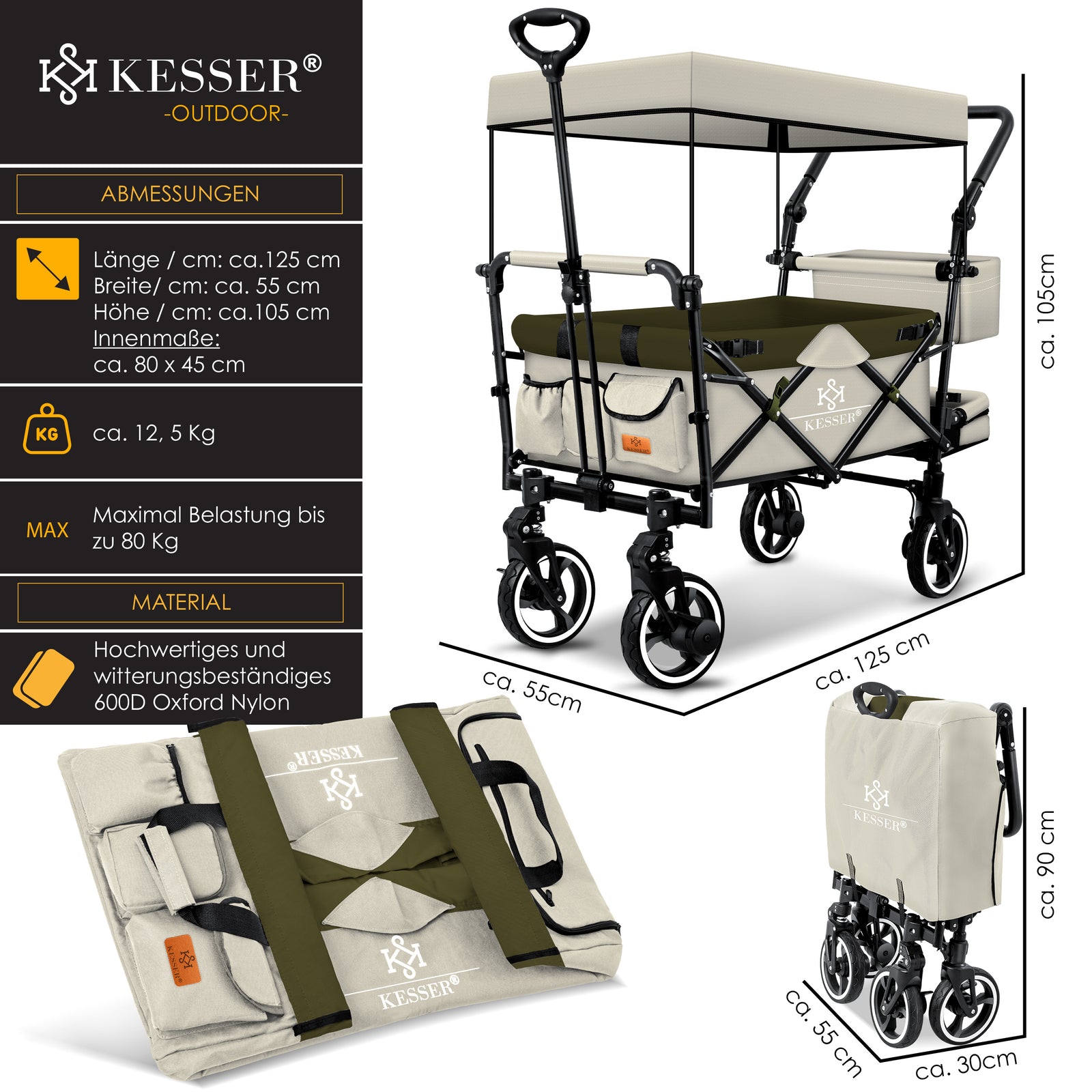 KESSER® Bollerwagen GTS-9100 Faltbar Dach Handwagen Klappbar Strandwagen Gurt