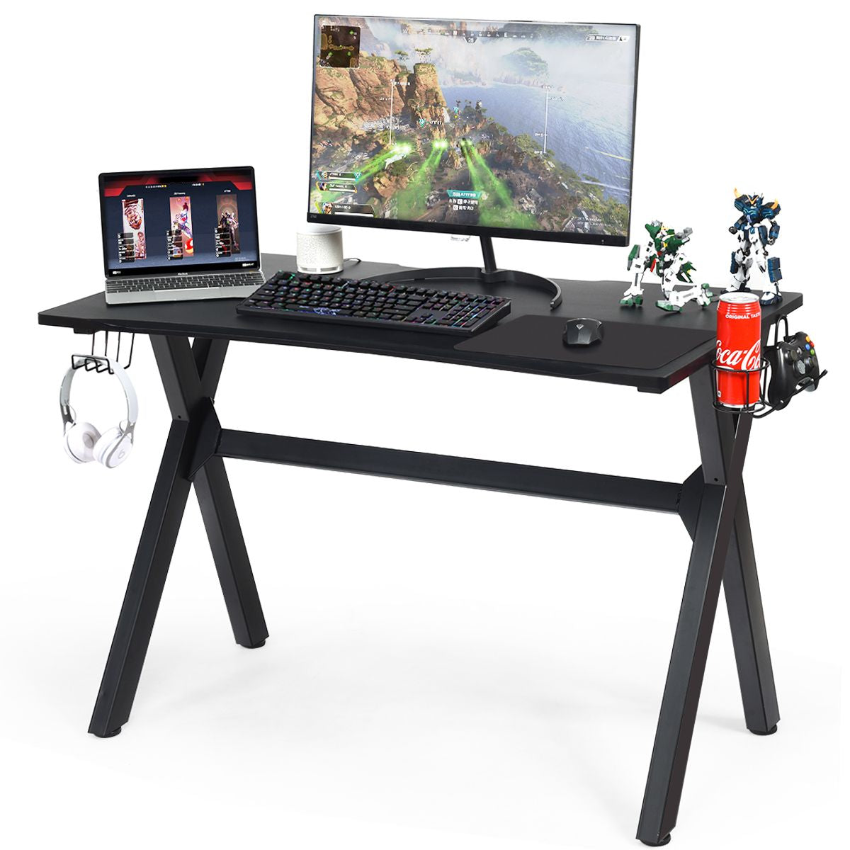 Gaming-Schreibtisch Mit Getränkehalter Kopfhörerhaken & Mauspad Schwarz