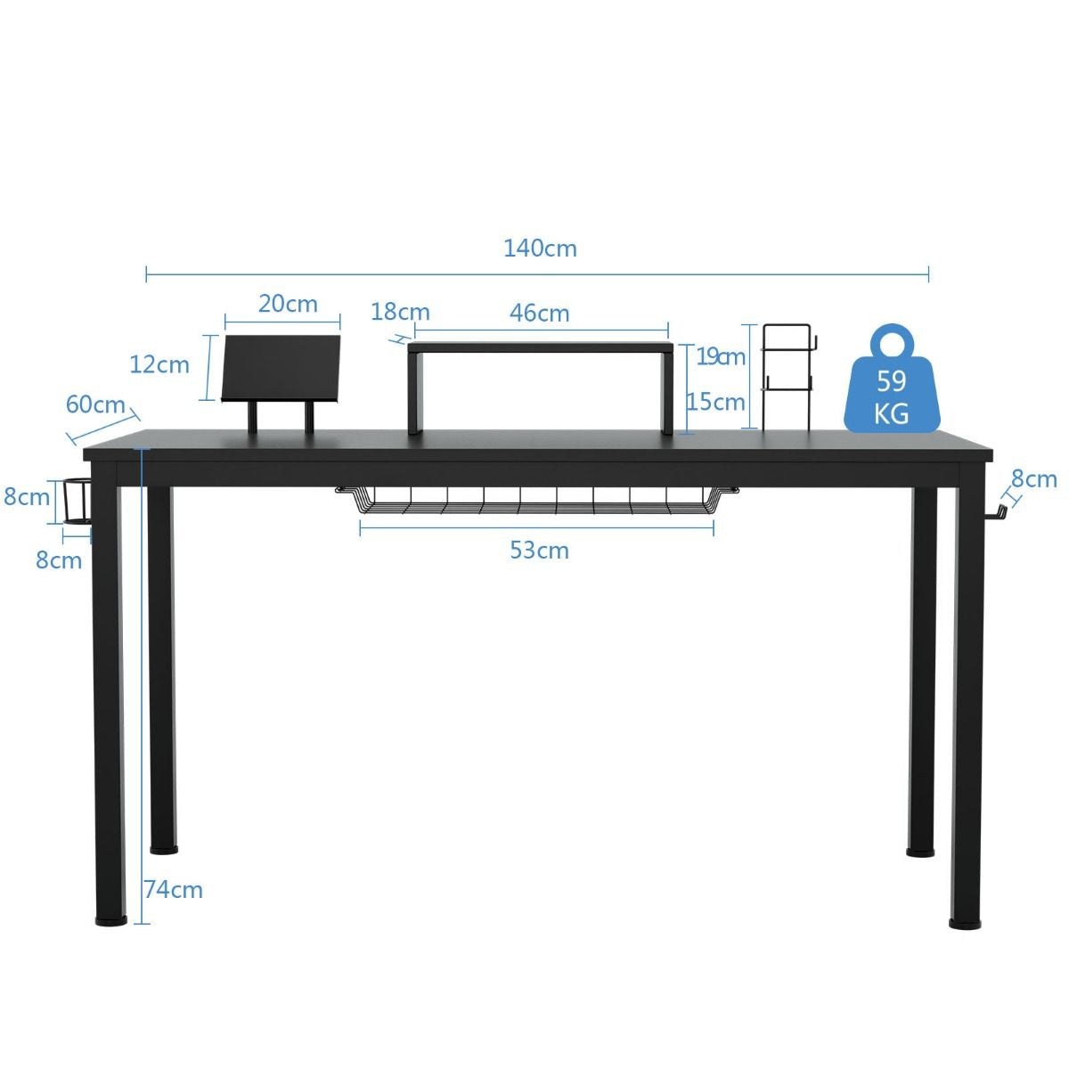 140Cm Schreibtisch Mit Monitorablage Computertisch Gaming Tisch Mit Getränkehalter Kopfhörerhaken Schwarz