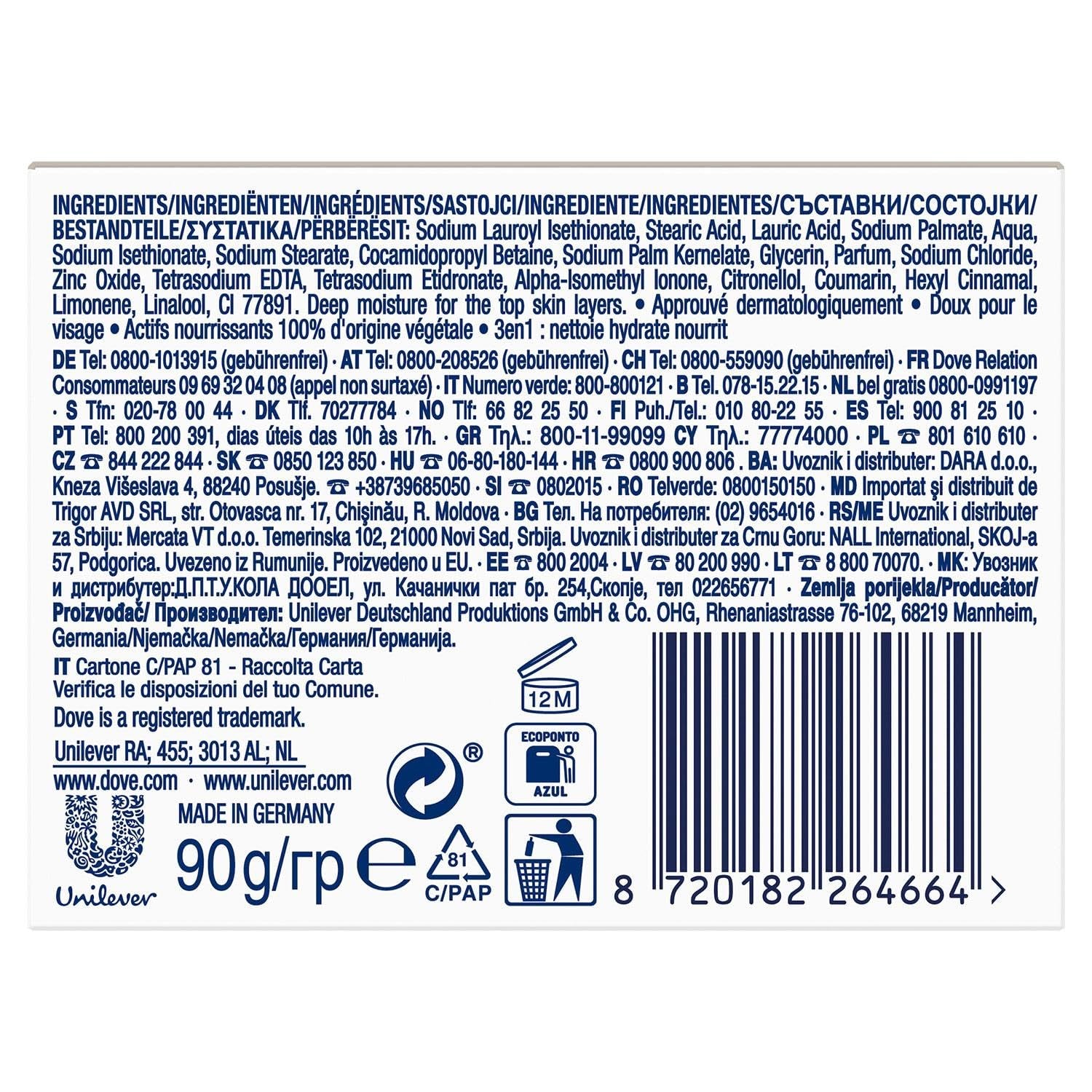 Dove Orginal Beauty Cream Bar 3 in 1, Reinigt, Spendet Feuchtigkeit Und Pflegt, Sulfatfreie Badeseife Für Weiche Und Geschmeidige Haut, Für Die Tägliche Anwendung Geeignet, 8 X 90 G