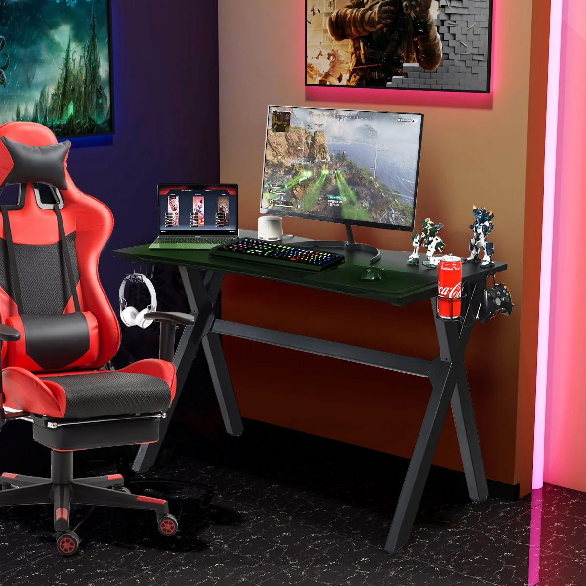 Gaming-Schreibtisch Mit Getränkehalter Kopfhörerhaken & Mauspad Schwarz