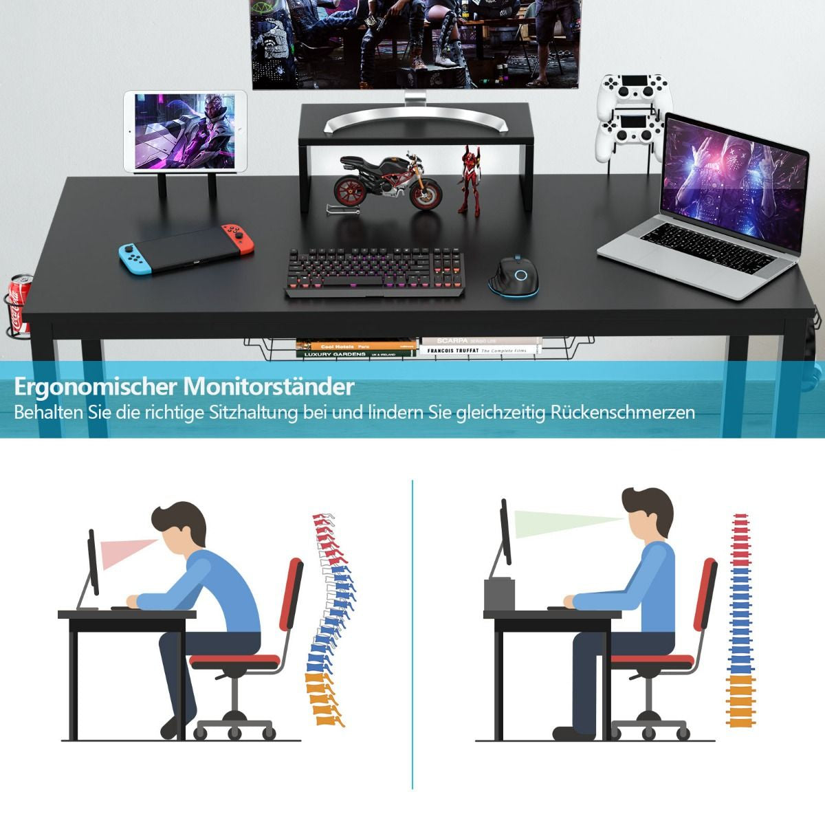 140Cm Schreibtisch Mit Monitorablage Computertisch Gaming Tisch Mit Getränkehalter Kopfhörerhaken Schwarz