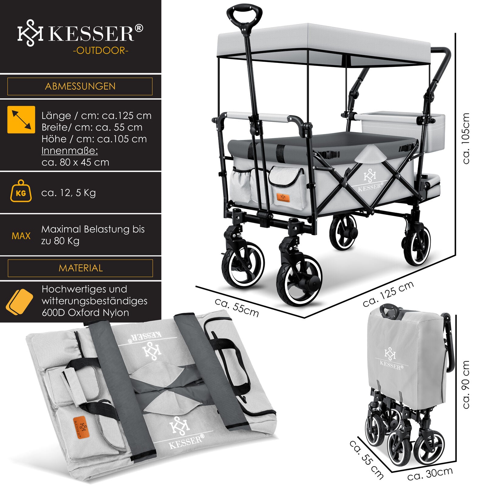 KESSER® Bollerwagen GTS-9100 Faltbar Dach Handwagen Klappbar Strandwagen Gurt