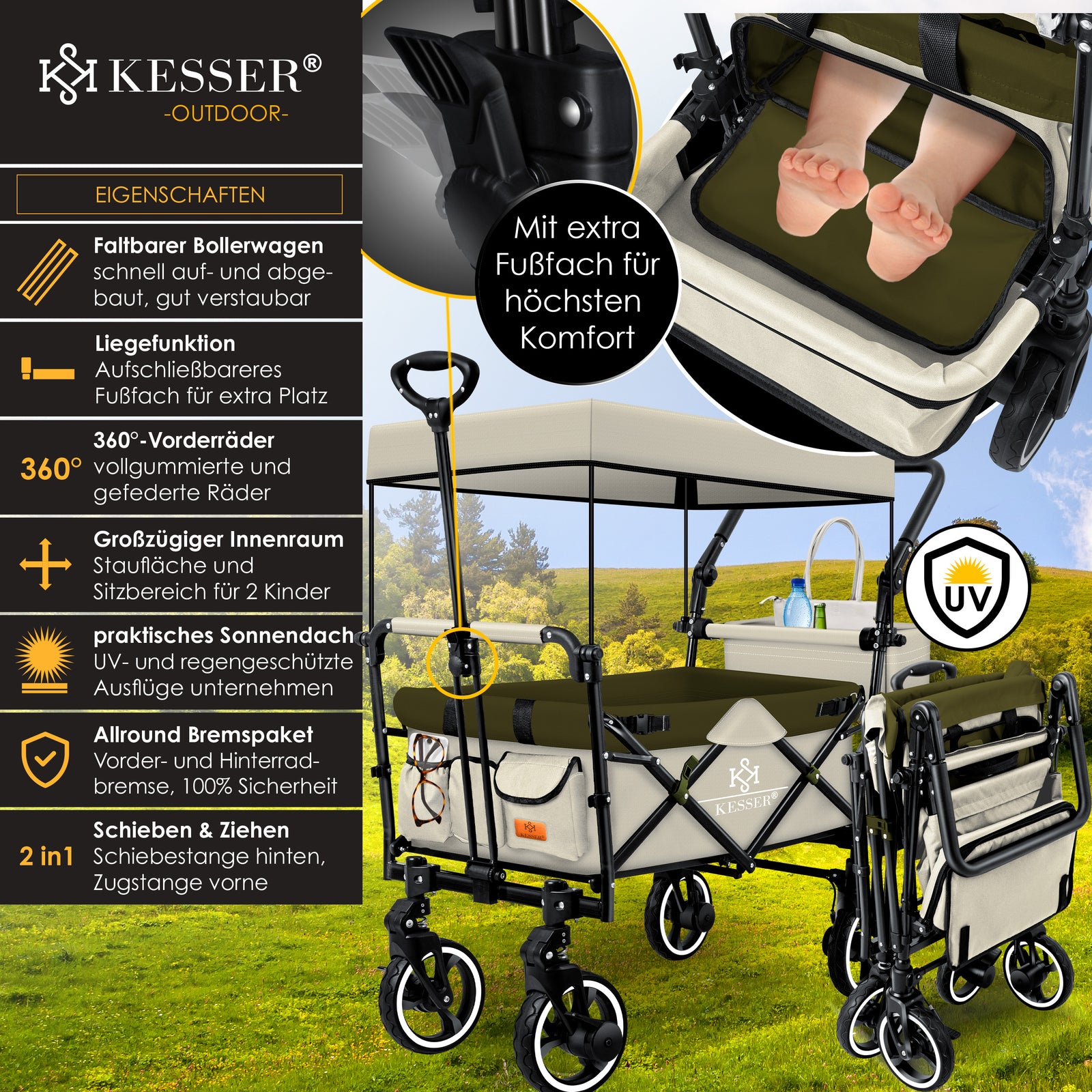 KESSER® Bollerwagen GTS-9100 Faltbar Dach Handwagen Klappbar Strandwagen Gurt