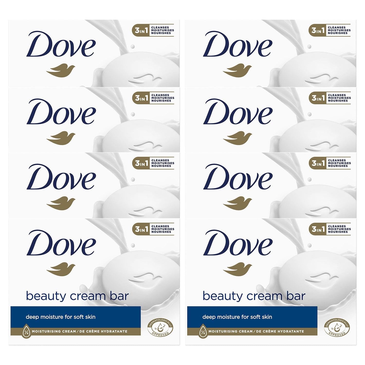 Dove Orginal Beauty Cream Bar 3 in 1, Reinigt, Spendet Feuchtigkeit Und Pflegt, Sulfatfreie Badeseife Für Weiche Und Geschmeidige Haut, Für Die Tägliche Anwendung Geeignet, 8 X 90 G