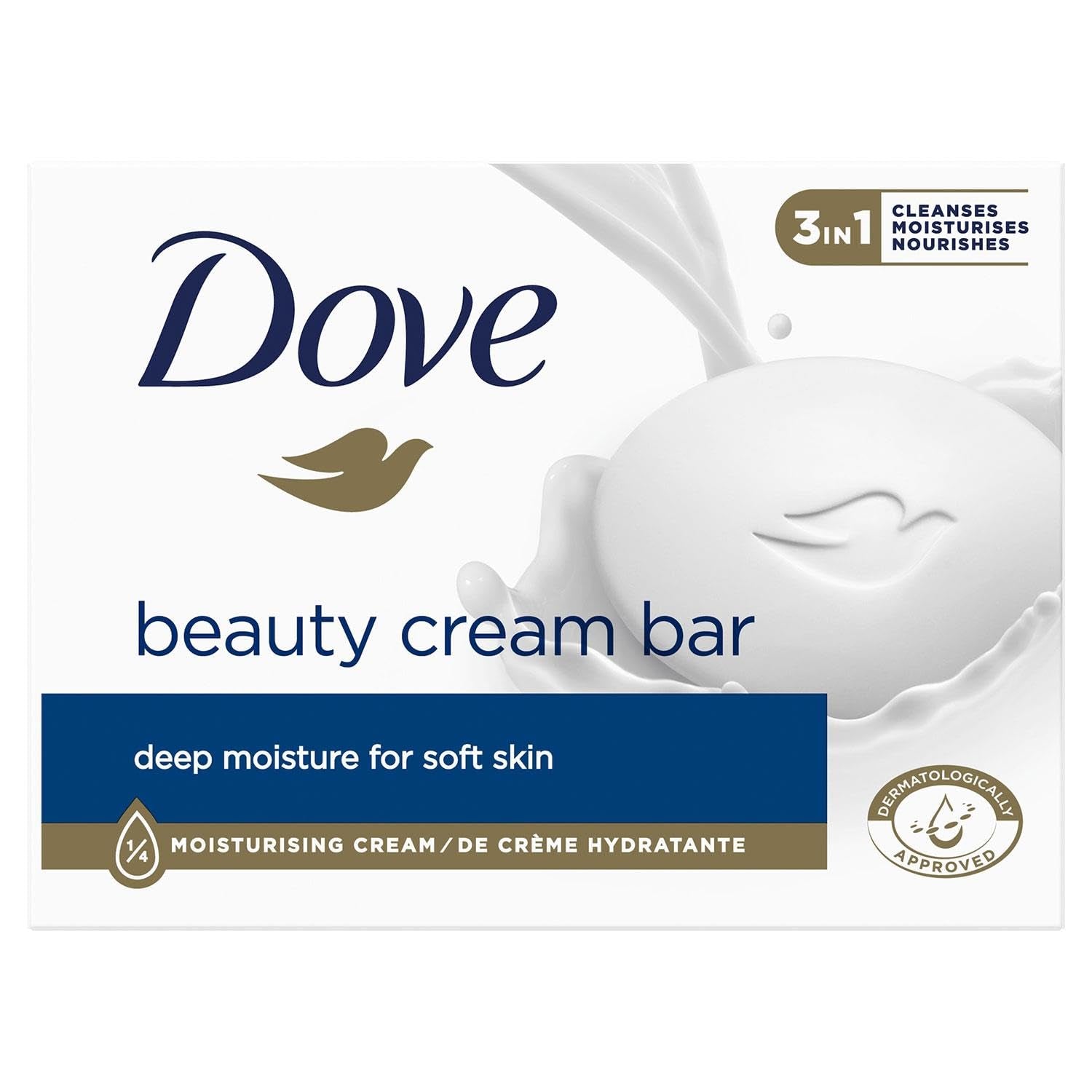 Dove Orginal Beauty Cream Bar 3 in 1, Reinigt, Spendet Feuchtigkeit Und Pflegt, Sulfatfreie Badeseife Für Weiche Und Geschmeidige Haut, Für Die Tägliche Anwendung Geeignet, 8 X 90 G