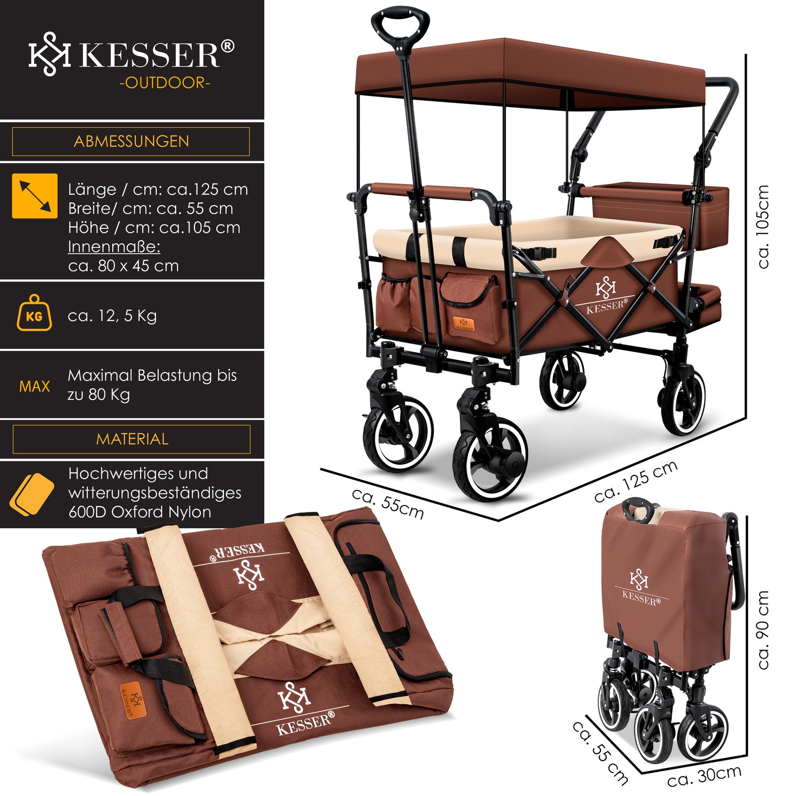 KESSER® Bollerwagen GTS-9100 Faltbar Dach Handwagen Klappbar Strandwagen Gurt