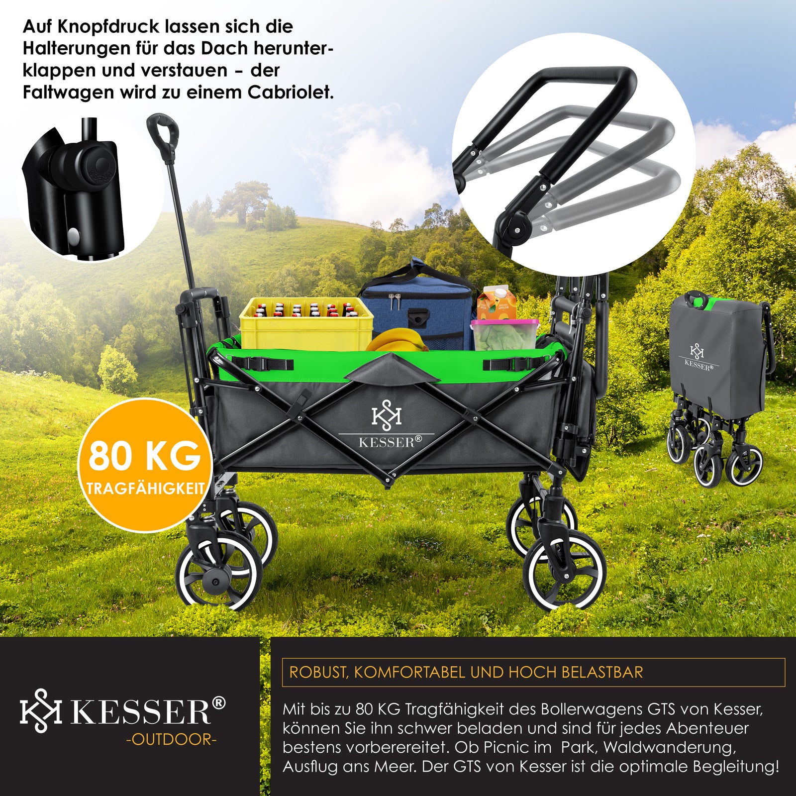 KESSER® Bollerwagen GTS-9100 Faltbar Dach Handwagen Klappbar Strandwagen Gurt
