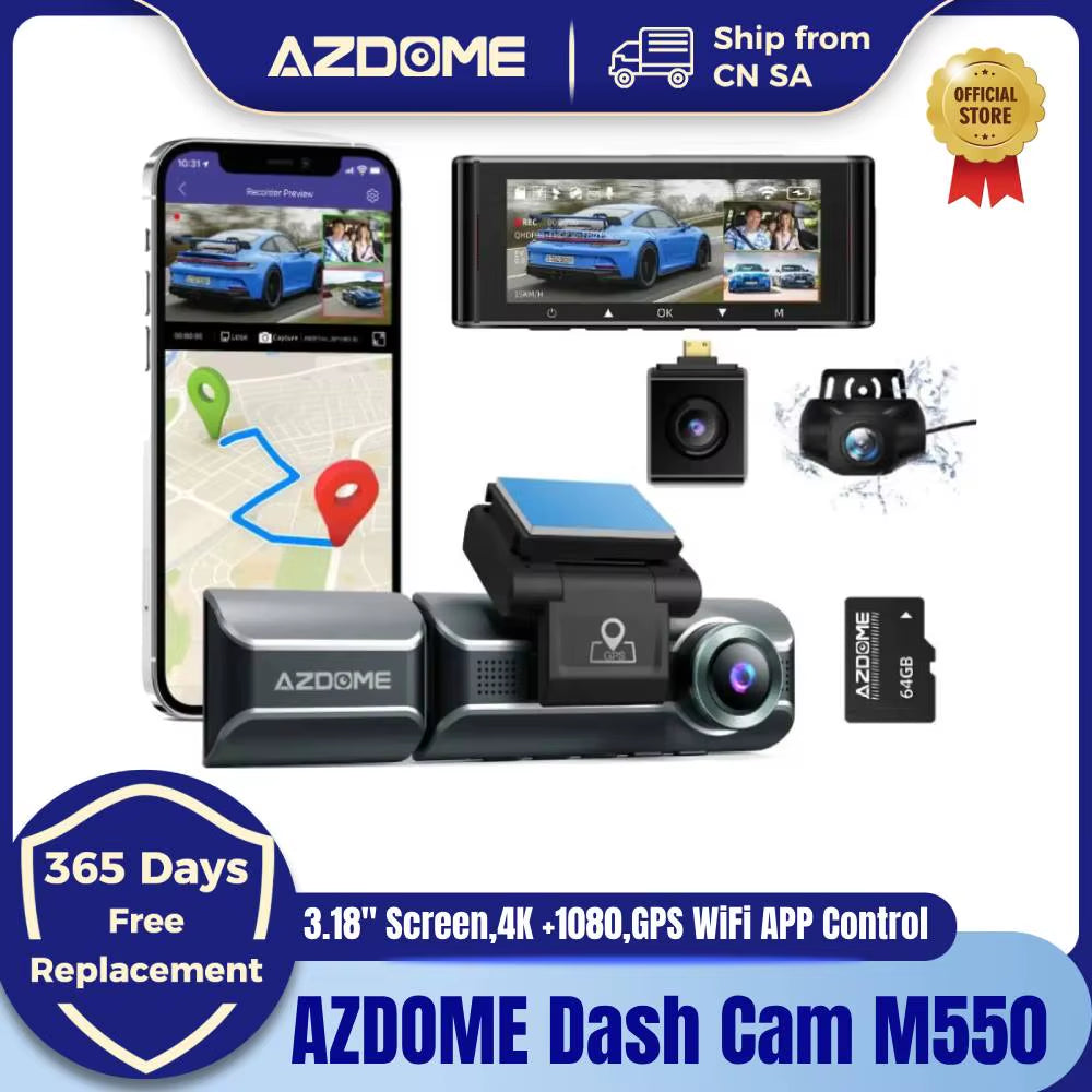 M550 Dash Cam 4K +1080 3.18'' Screen 3 Camera GPS Wifi APP Control Car DVR IR Night Vision 24H Parking Support Rear Cam
