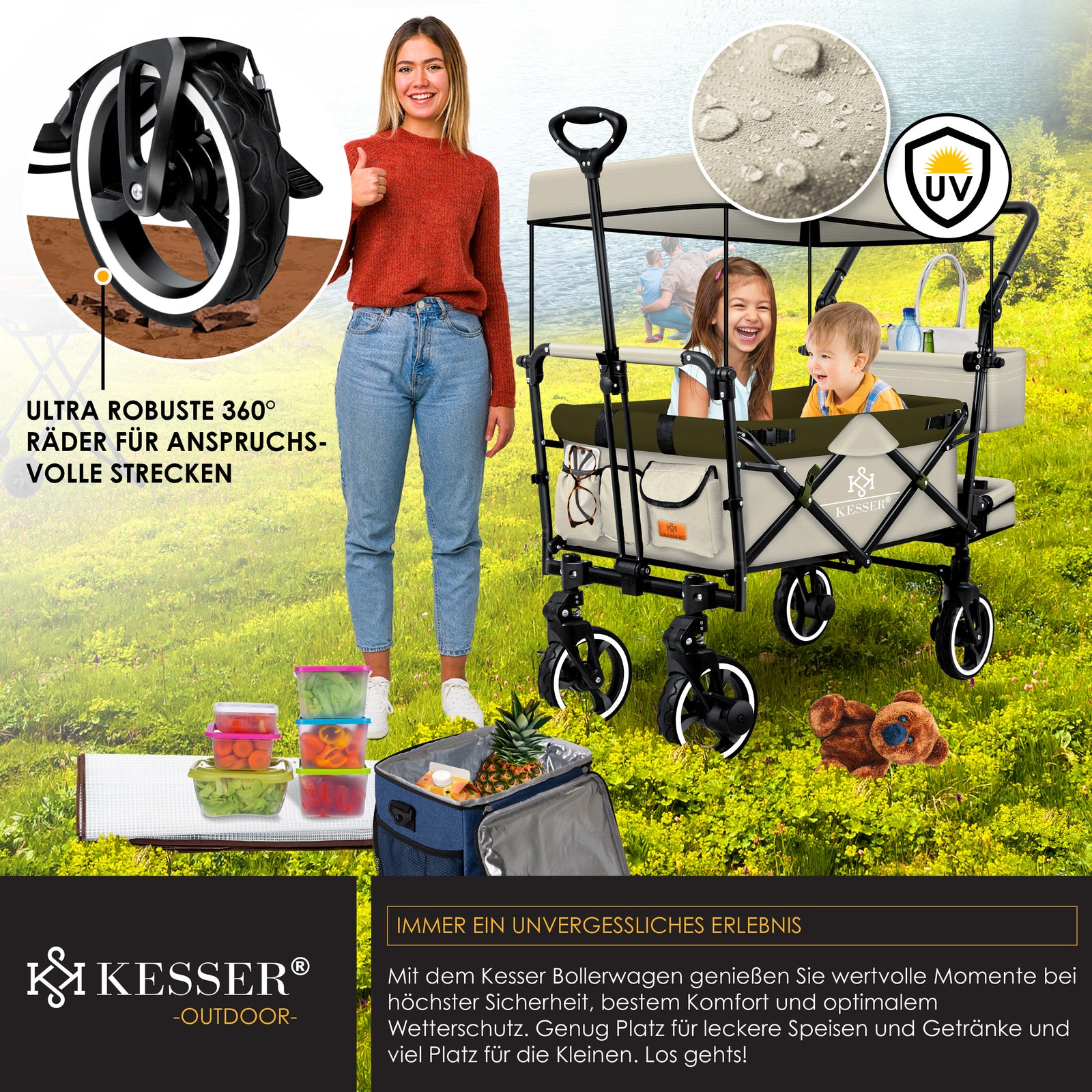 KESSER® Bollerwagen GTS-9100 Faltbar Dach Handwagen Klappbar Strandwagen Gurt