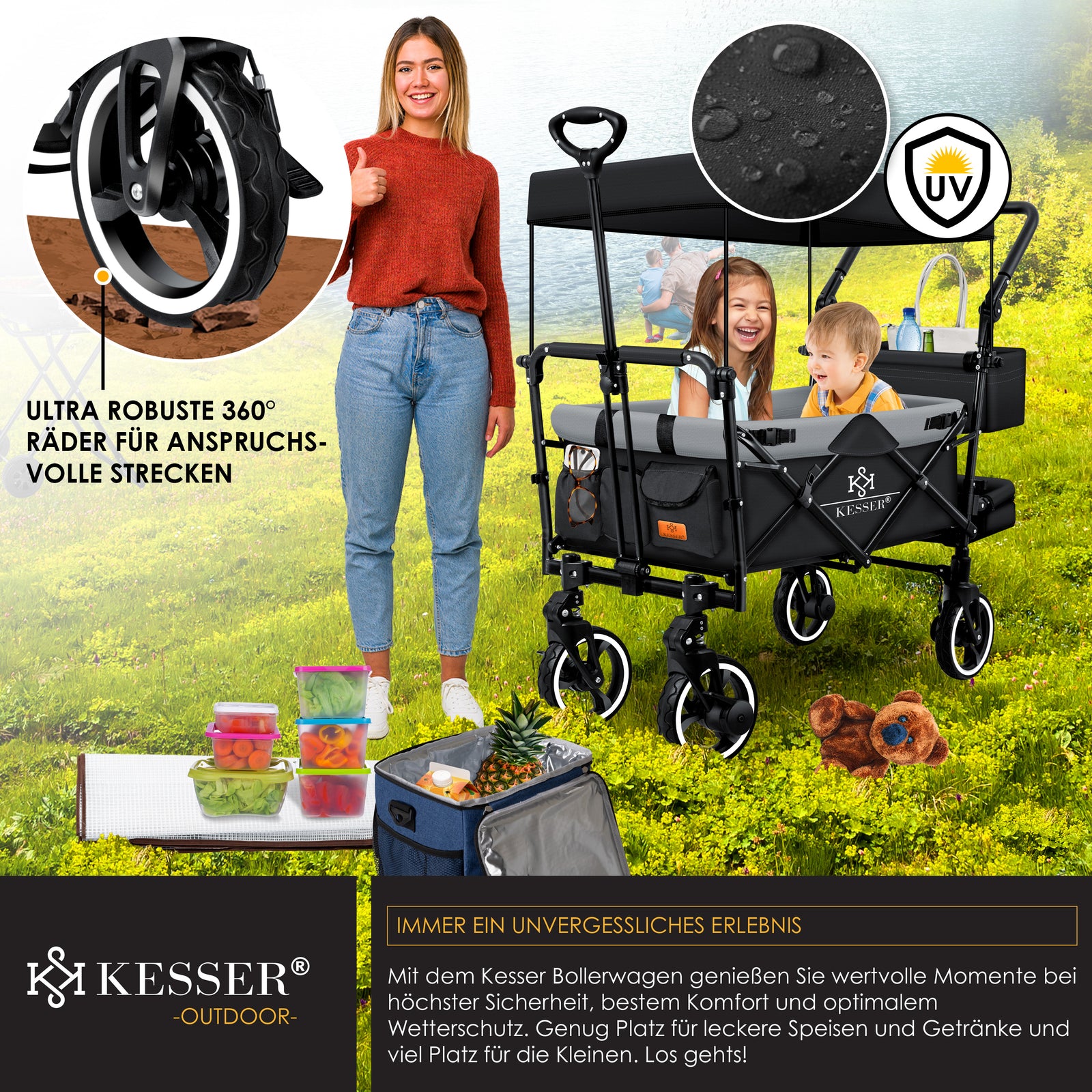 KESSER® Bollerwagen GTS-9100 Faltbar Dach Handwagen Klappbar Strandwagen Gurt