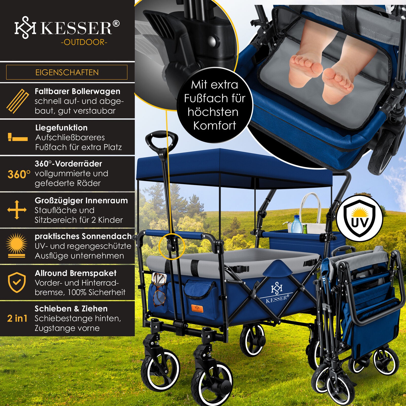 KESSER® Bollerwagen GTS-9100 Faltbar Dach Handwagen Klappbar Strandwagen Gurt