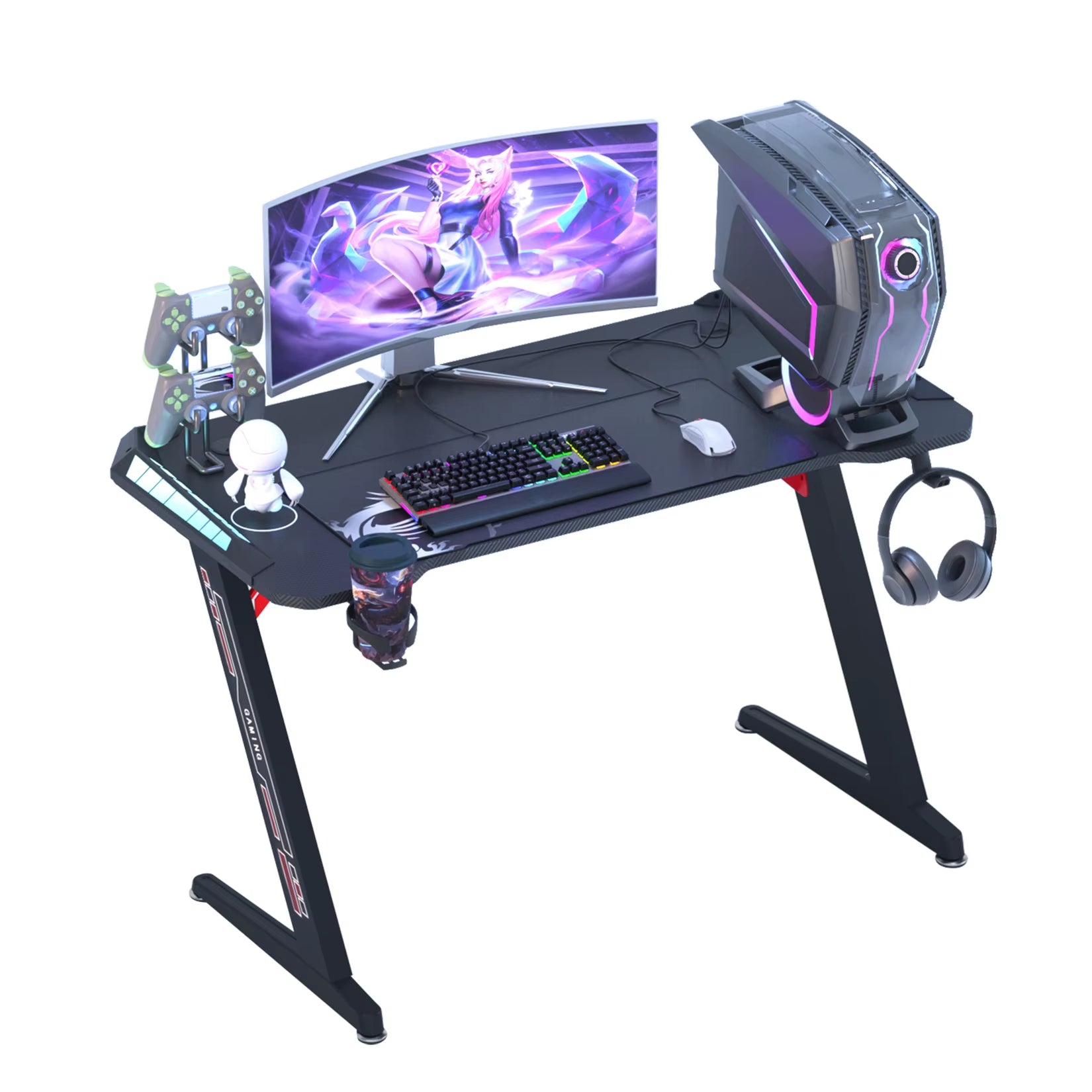 Z-Shaped Computer Gaming Desk W/ RGB LED Lights Home Office Table X-Large 140Cm