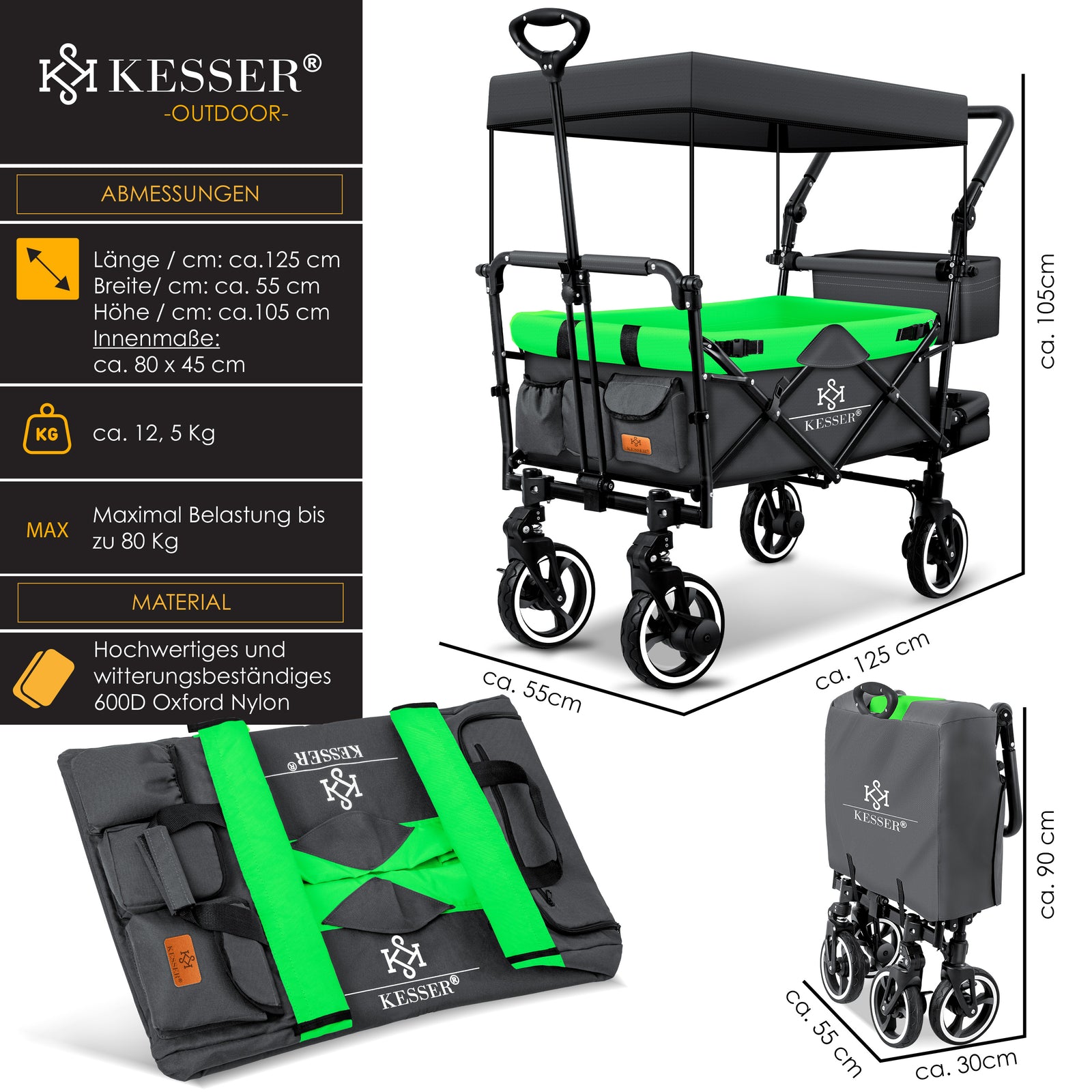 KESSER® Bollerwagen GTS-9100 Faltbar Dach Handwagen Klappbar Strandwagen Gurt