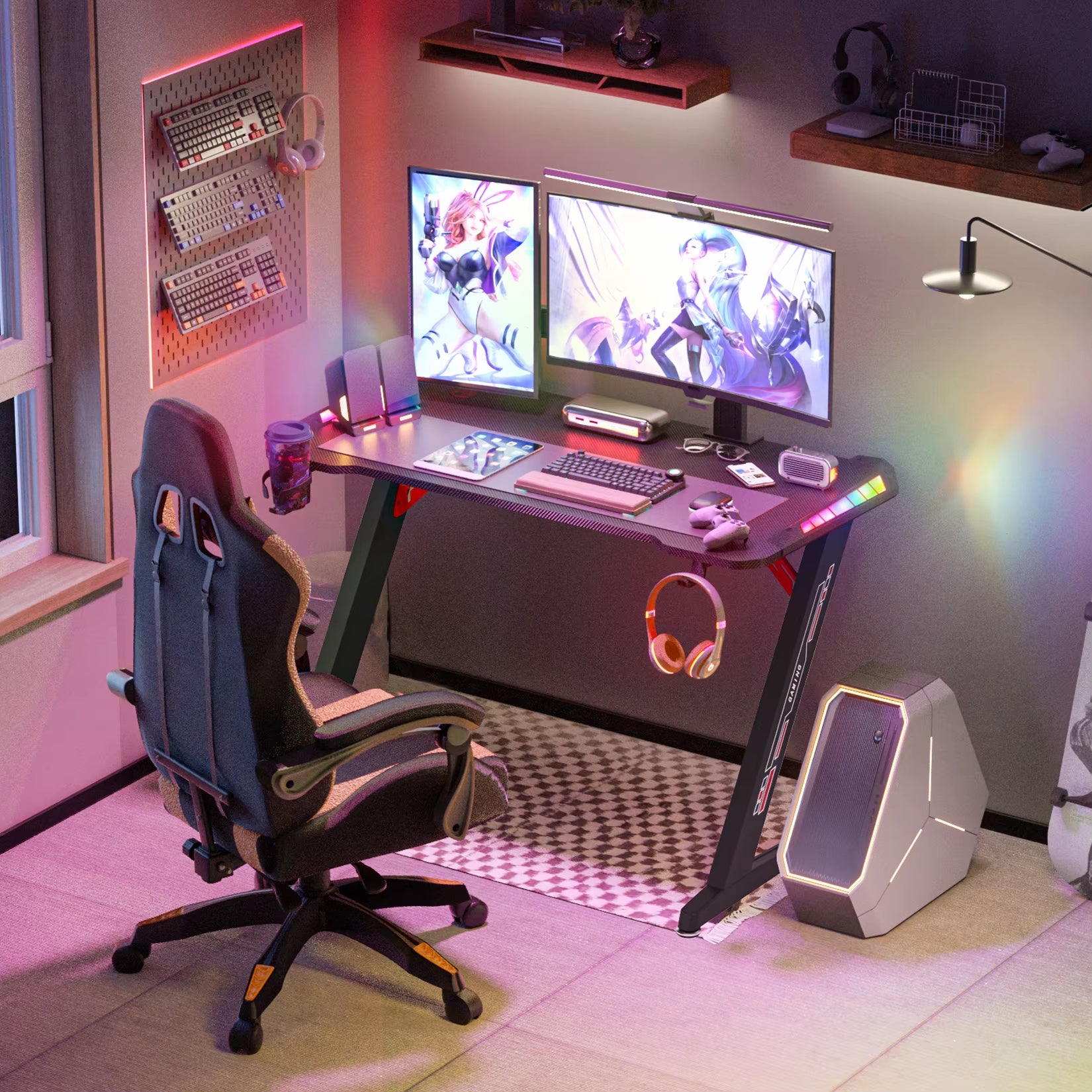 Z-Shaped Computer Gaming Desk W/ RGB LED Lights Home Office Table X-Large 140Cm