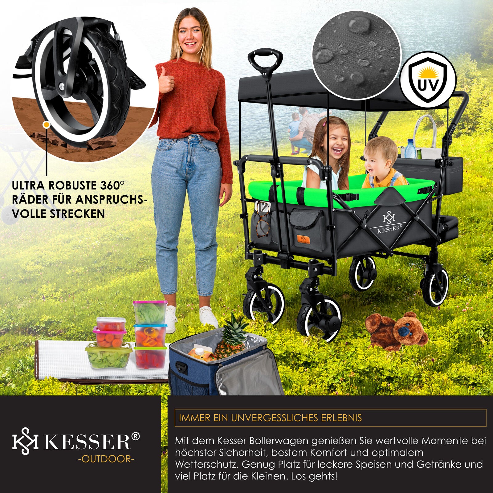 KESSER® Bollerwagen GTS-9100 Faltbar Dach Handwagen Klappbar Strandwagen Gurt