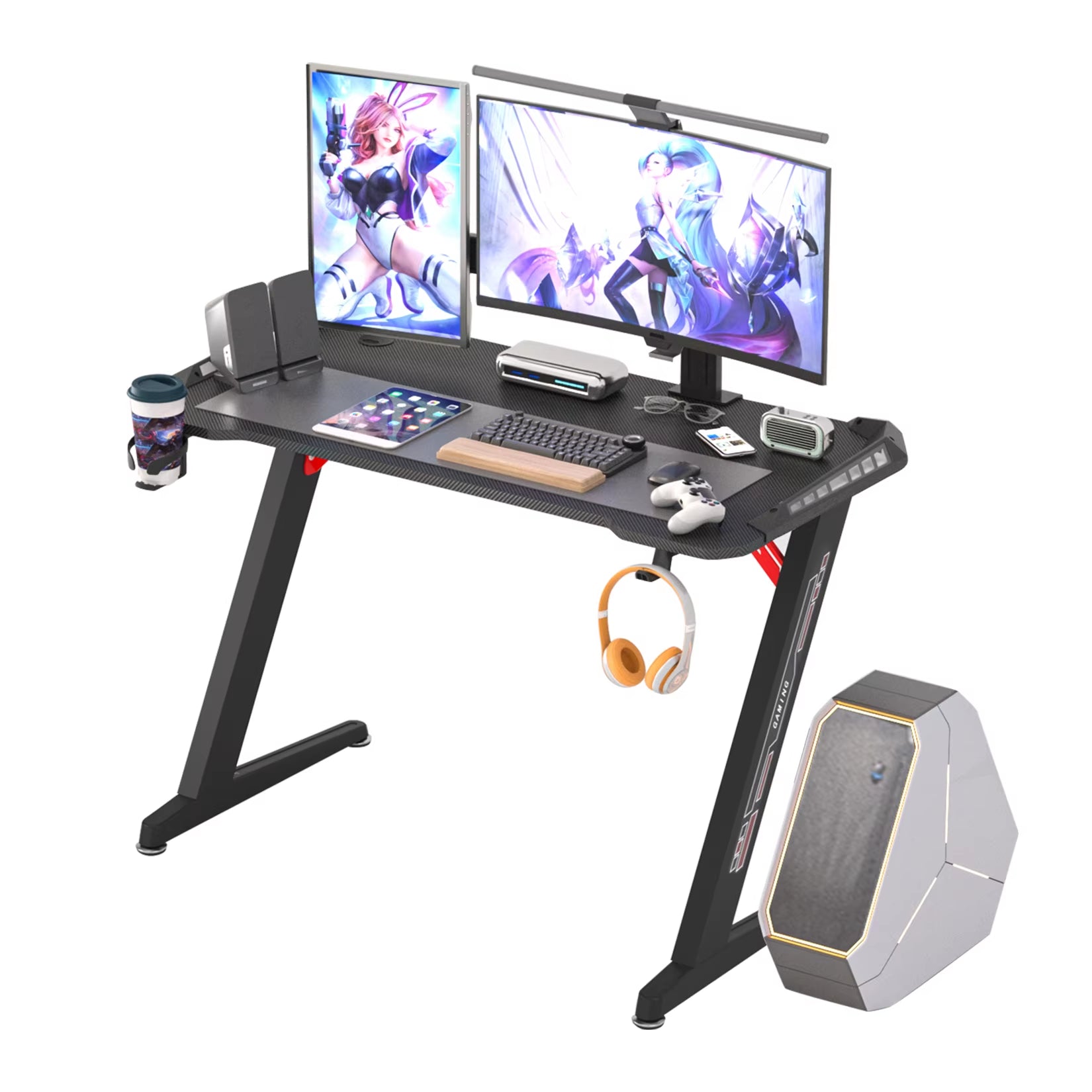 Z-Shaped Computer Gaming Desk W/ RGB LED Lights Home Office Table X-Large 140Cm